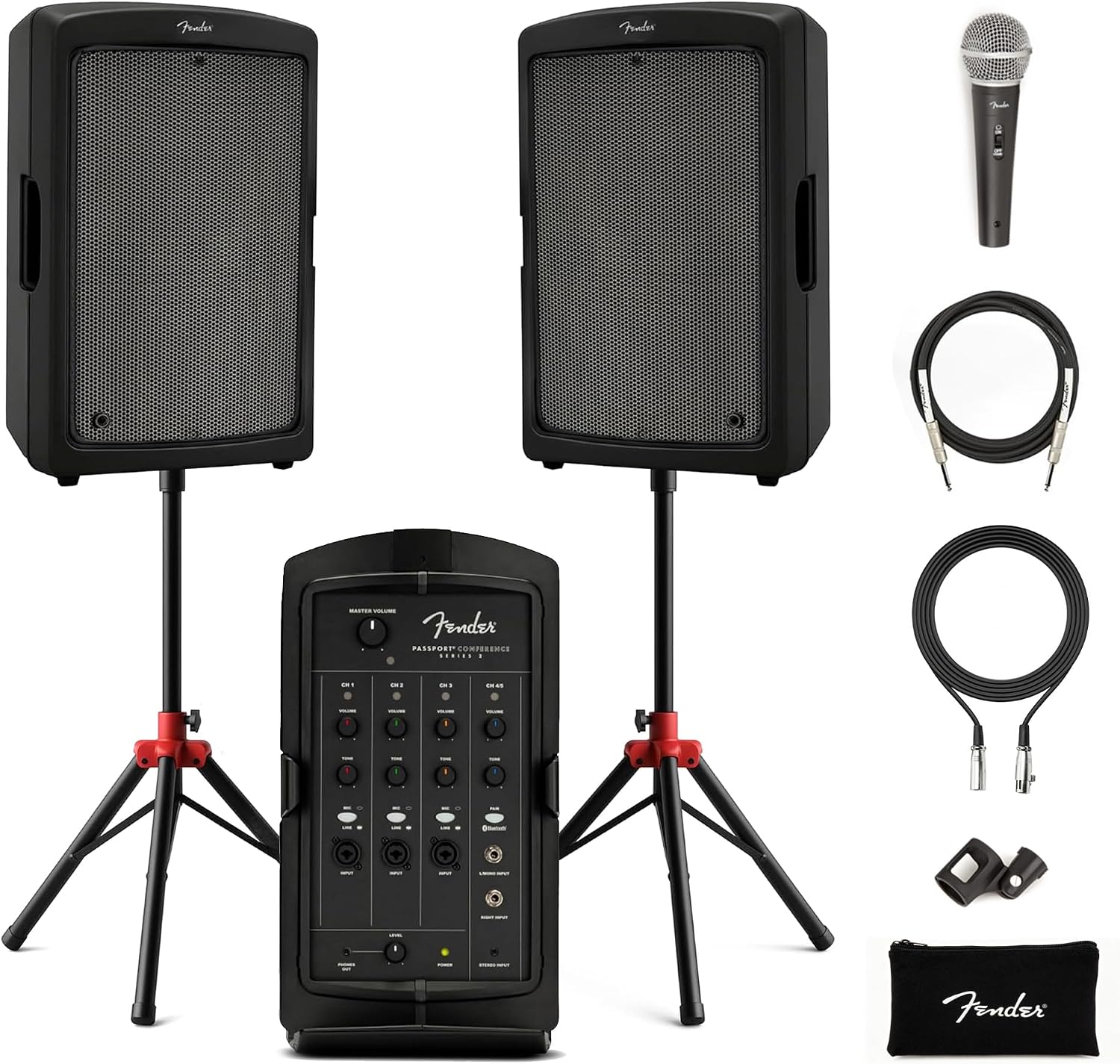 Fender Passport Conference S2 Portable PA System Bundle with Microphone Kit, Compact Speaker Stands, and Instrument Cable