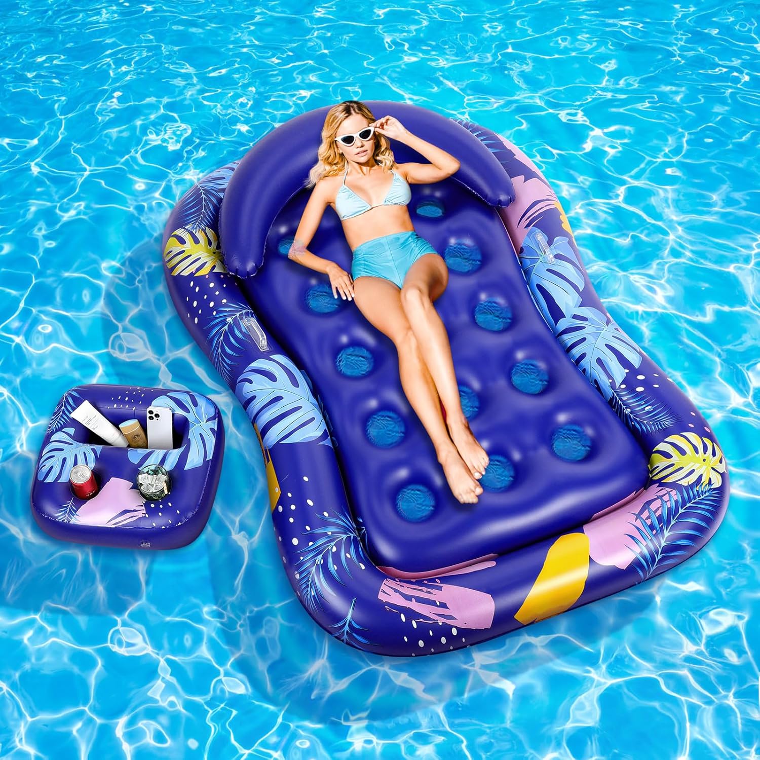 MoKo Pool Floats Adult, Floating Bed with Ice Bar, Tanning Bed Pool Raft Inflatable Lounger with Drink Holder Tanning Chair Inflatable Pool Toys for Party Beach Backyard