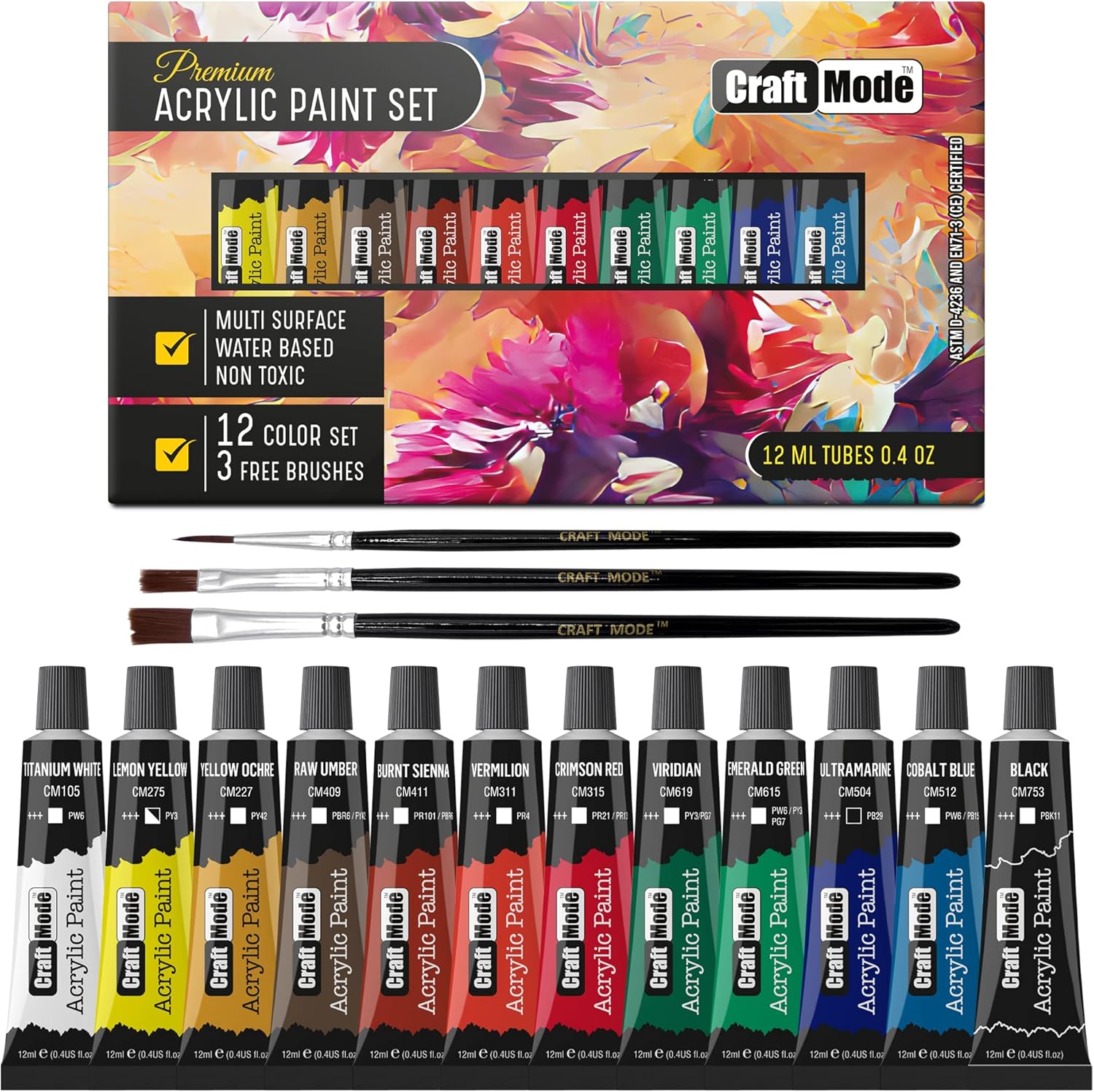 Craft Mode Acrylic paint set 12 12ml Perfect for Canvas, Wood, Ceramic, Rock, Fabric & Crafts. Non-Toxic, Quick Dry & Vibrant Colours. Rich Pigments, Lasting Qualit