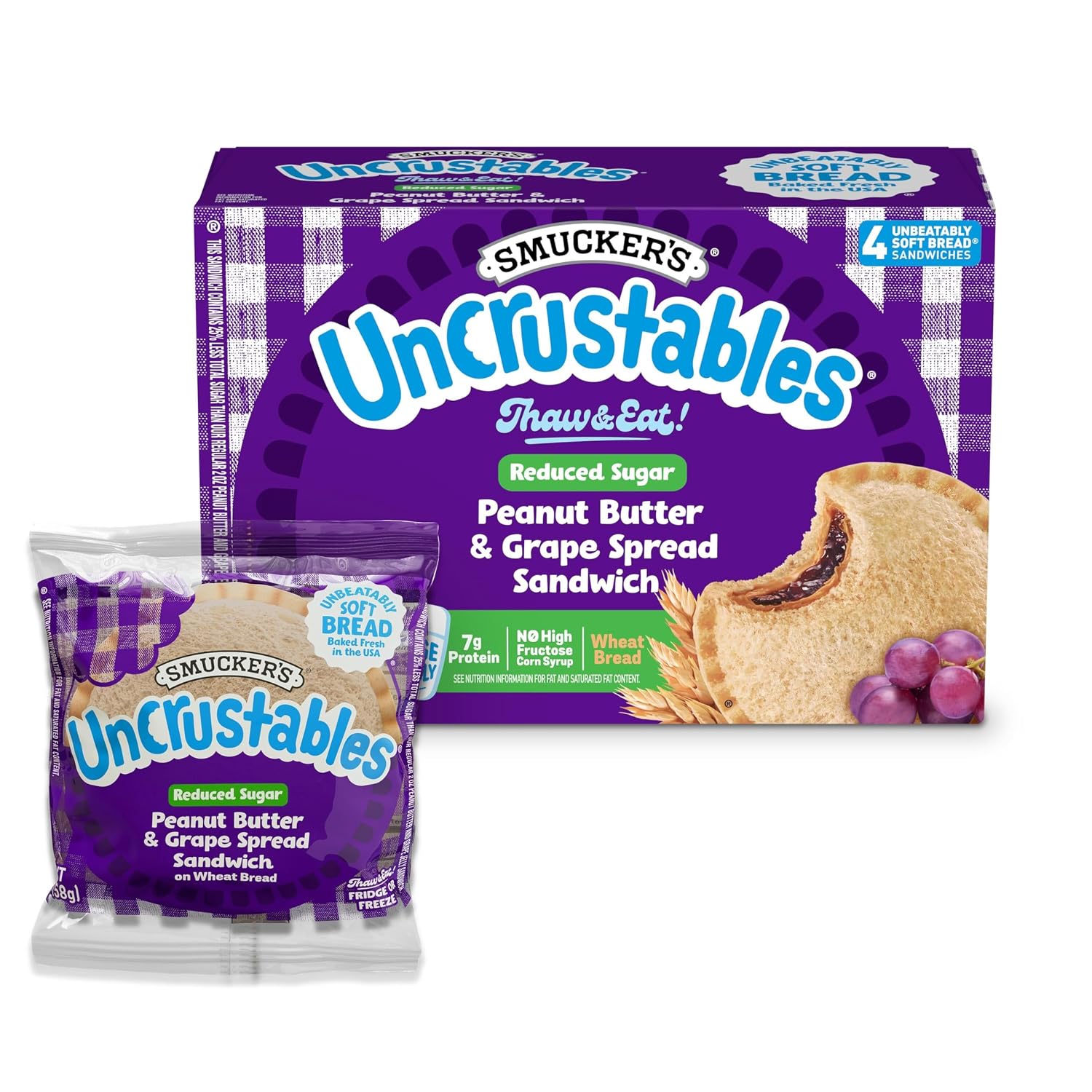 Smucker’s Uncrustables Reduced Sugar Grape Spread Frozen Sandwiches, 4