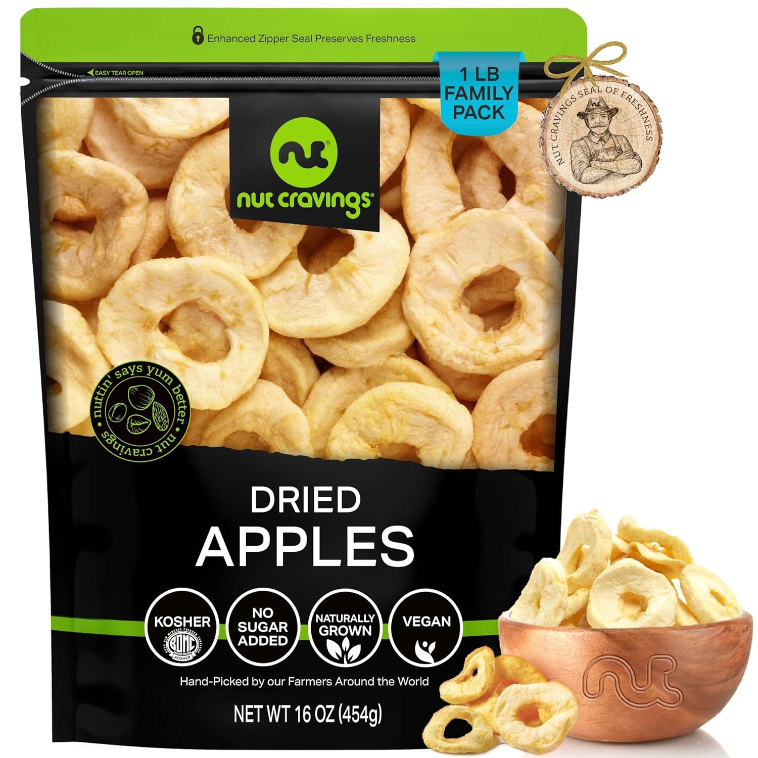 NUT CRAVINGS Dry Fruits - Dried Apple Rings Slices, No Sugar Added - Chewy Soft Texture (16oz - 1 LB) Packed Fresh in Resealable Bag - Sweet Snack, Healthy Food, Naturally Grown, Vegan, Kosher