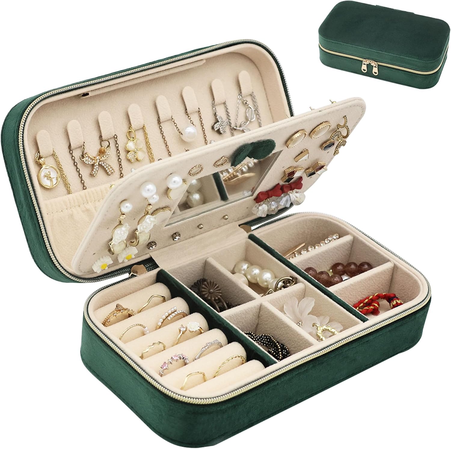 Travel Jewellery Box Small Jewellery Organiser Velvet Jewellery Storage for Earrings Rings Necklaces Bracelets Portable Jewellery Case for Women Girls (dark green)