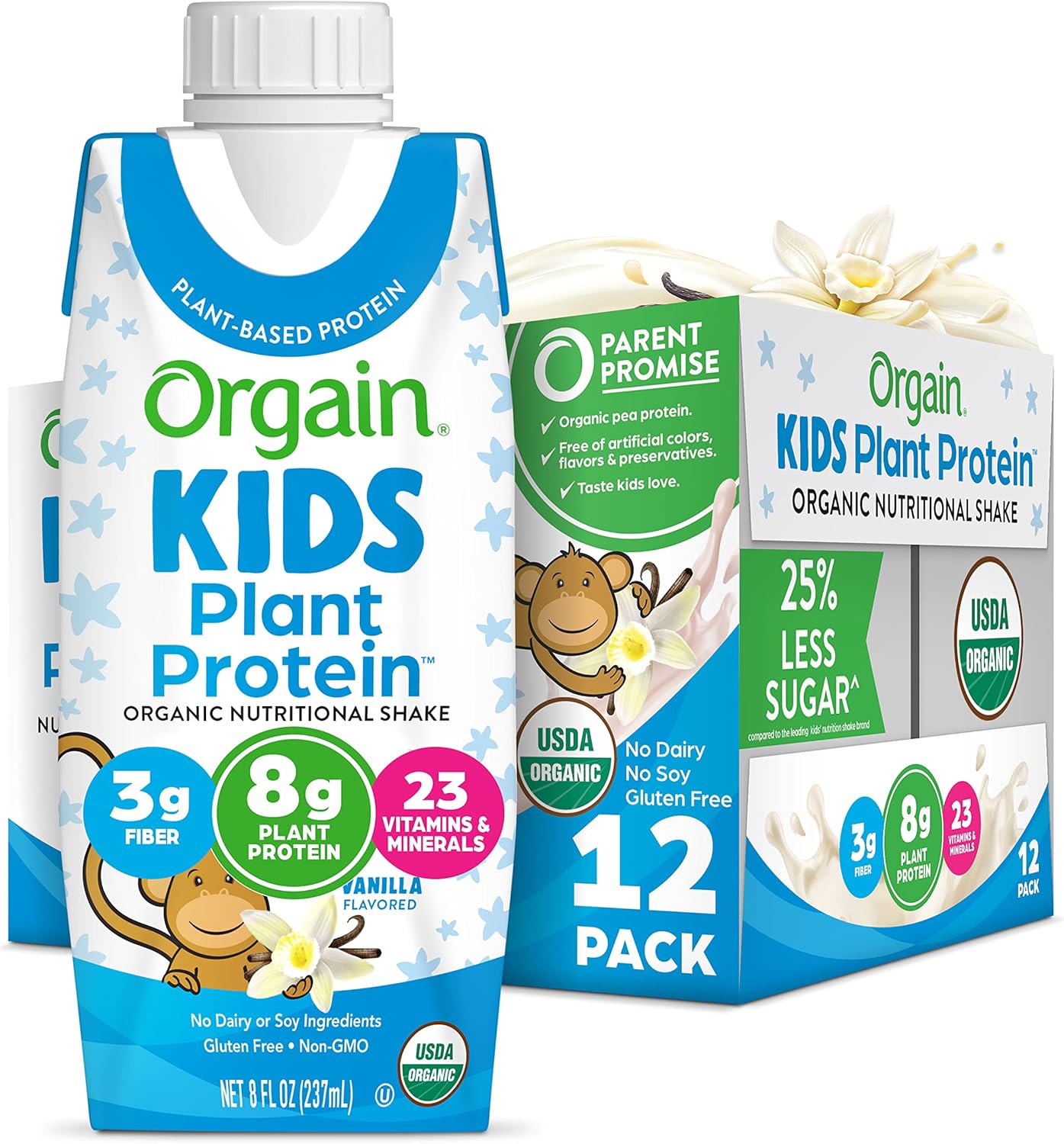 Orgain Organic Kids Nutritional Vegan Protein Shake, Vanilla - Healthy Kids Snacks, 8g Plant Protein, 3g Fiber, 23 Vitamins & Minerals, No Dairy & Soy Ingredients, Non-GMO, 8 Fl Oz (Pack of 12)