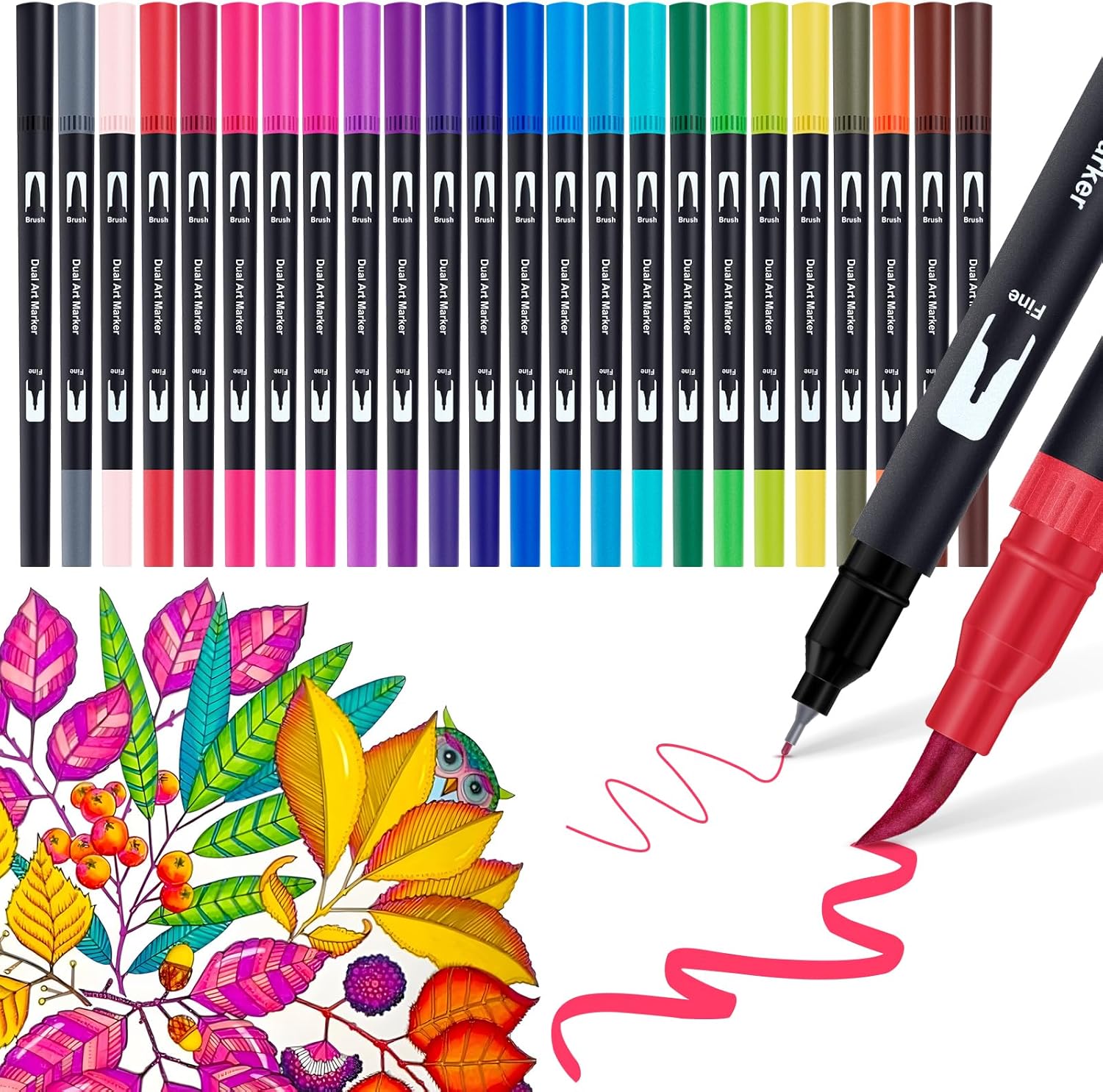 AKARUED Dual Tip Brush Pens: 24 Colouring Pens for Adults Colouring Book, Felt Tip Pen Art Markers for Kids Art Supplies Fineliner Brush Marker for Calligraphy Drawing