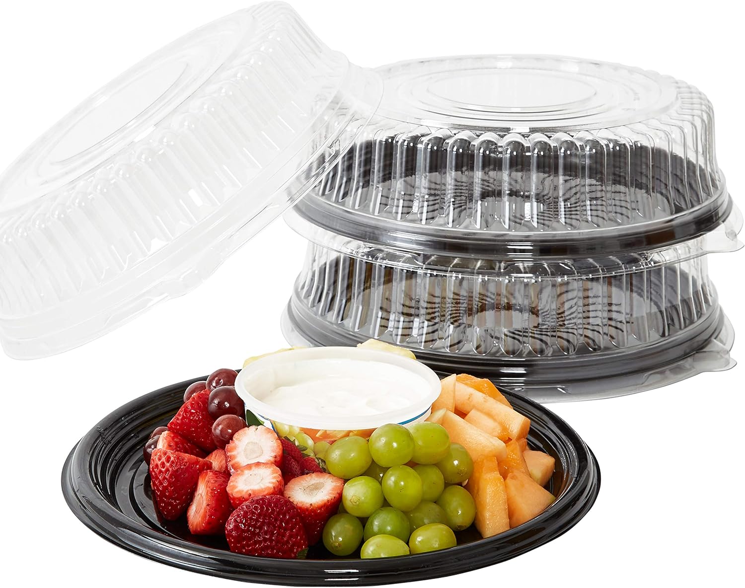 Avant Grub Heavy Duty, Recyclable 12 in. Serving Tray and Lid 3pk. Large, Black Plastic Party Platters with Clear Lids Dishware Plate, Elegant Round Banquet or Catering Trays for Serving Appetizers