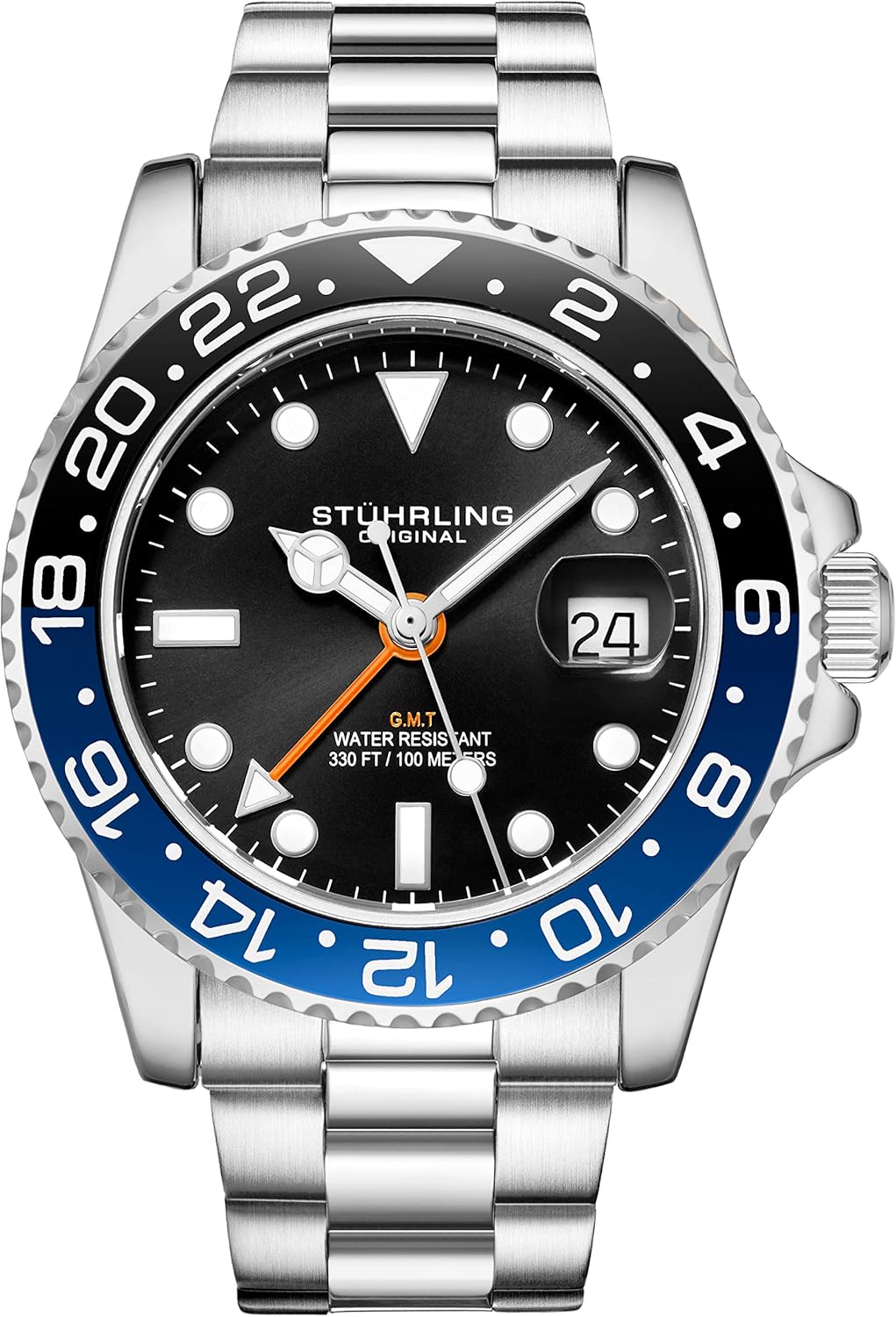 Stuhrling Original Men's Watch Stainless Steel Triple Row Bracelet Dual Time Date with Screw Down Crown, Silver Black