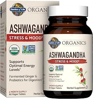 Garden of Life Organics Ashwagandha Stress, Mood & Energy Support Supplement with Probiotics & Ginger Root for Digestion - Vegan, Gluten Free, Non GMO – 2 Month Supply, 60 Tablets