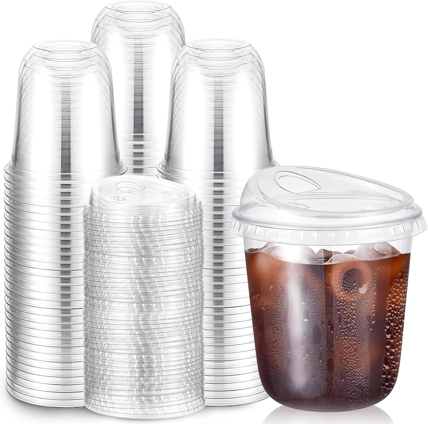 Baderke 100 Pcs Plastic Cups with Sip Lids Round Bottom Disposable Plastic Coffee Cups with Lids Clear Strawless Crystal Mugs for Iced Coffee Smoothie Cold Beverage Party Catering Supplies (12 oz)
