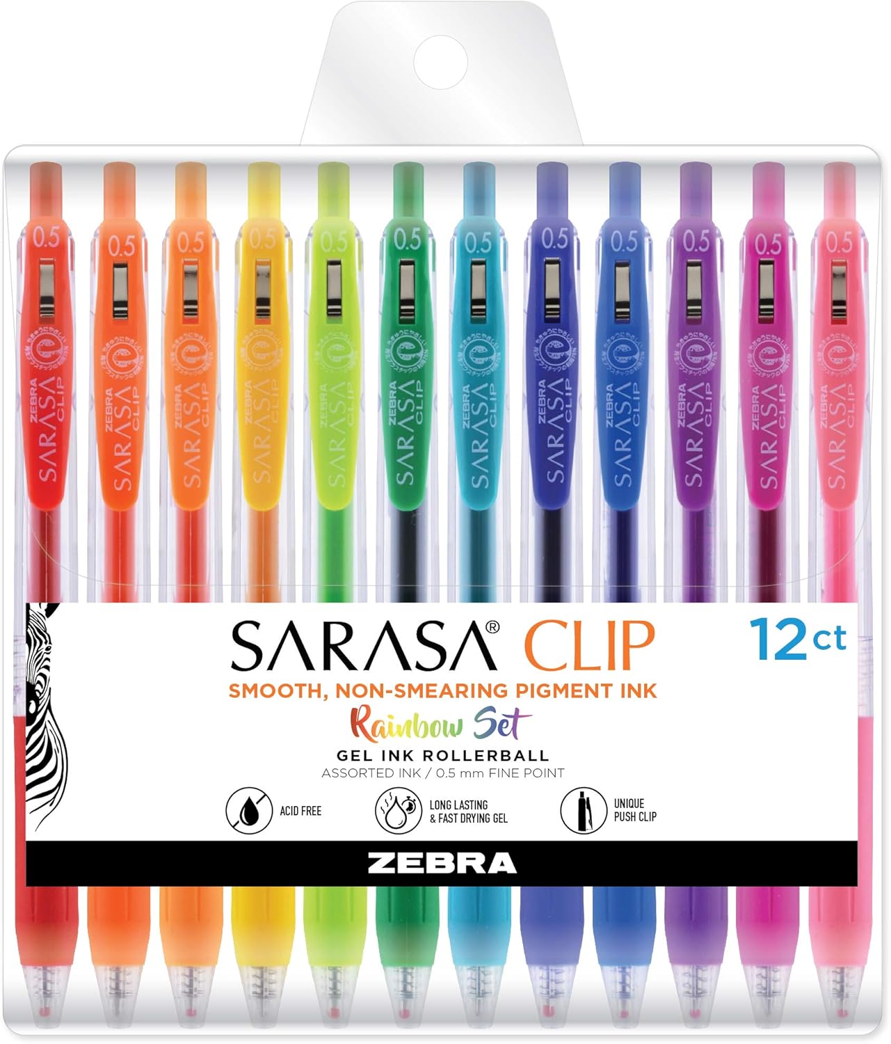 Zebra Pen Sarasa Clip Retractable Gel Pen, 0.5mm Fine Point, Rainbow Assorted Vibrant Ink Colors, Water Based, Ideal for Office and School, Journal, Note Taking and Planner Use, 12-Pack (44100)