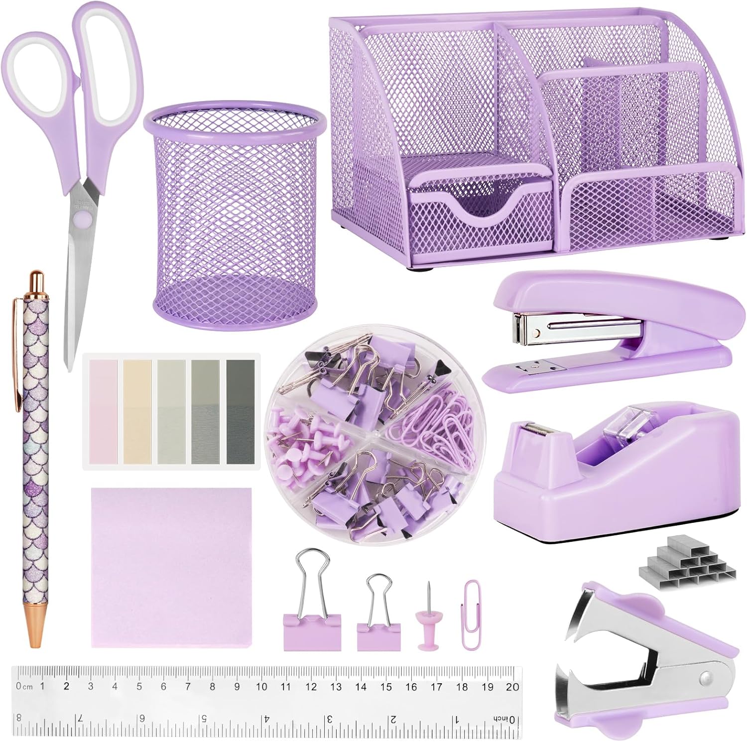 OFFCUP Desk Accessories Set, Office Stationary Set with Desk Organiser, Stapler, Tape Dispenser, Staple Remover, Clips, Scissor, Ruler, Pen Holder, Sticky Notes for Office School Supplies (Purple)
