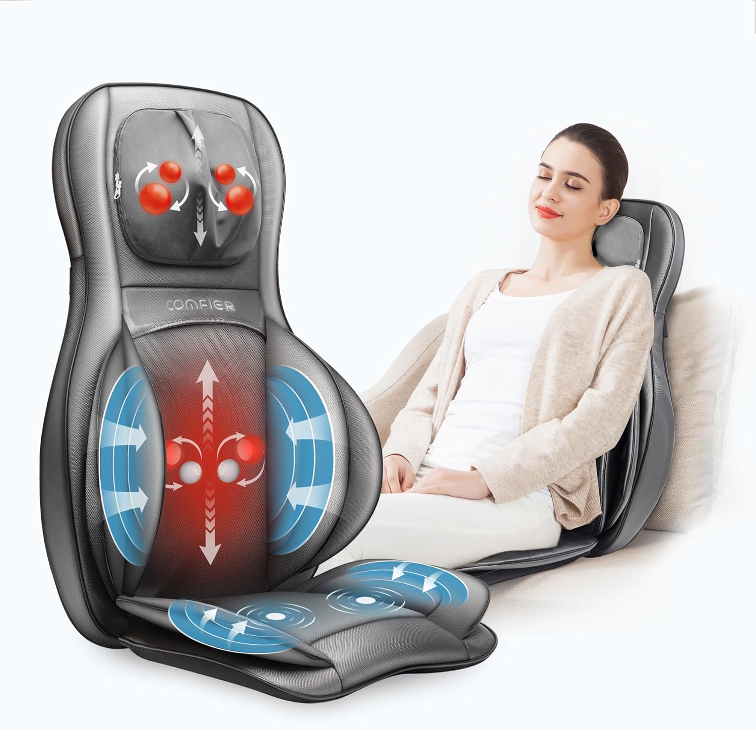Comfier Neck and Back Massager with Heat - Massage Chair with Compress & Rolling,Kneading Shiatsu Back Massager for Full Back,Neck, Massage Chair Pad for Home, Office use;Father's Day Gifts for Dad