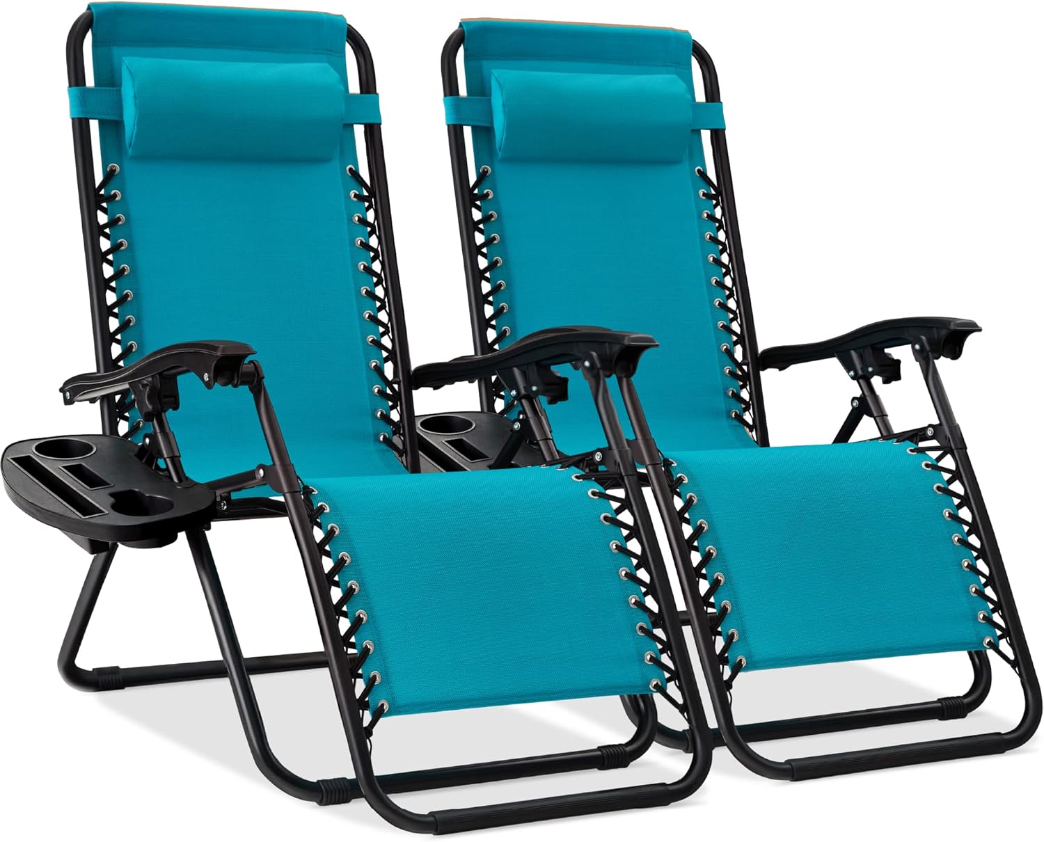 Best Choice Products Set of 2 Adjustable Steel Mesh Zero Gravity Lounge Chair Recliners w/Pillows and Cup Holder Trays - Peacock Blue