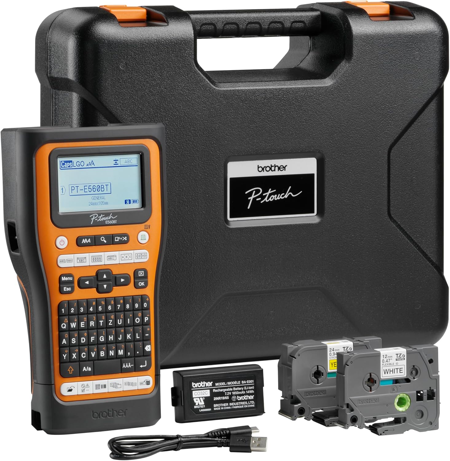 Brother PT-E560BTVP Industrial Label Maker with Bluetooth, Li-Ion Battery and Carry Case (for 24mm wide TZE tapes, 18mm wide HSE heat transfer tubing)