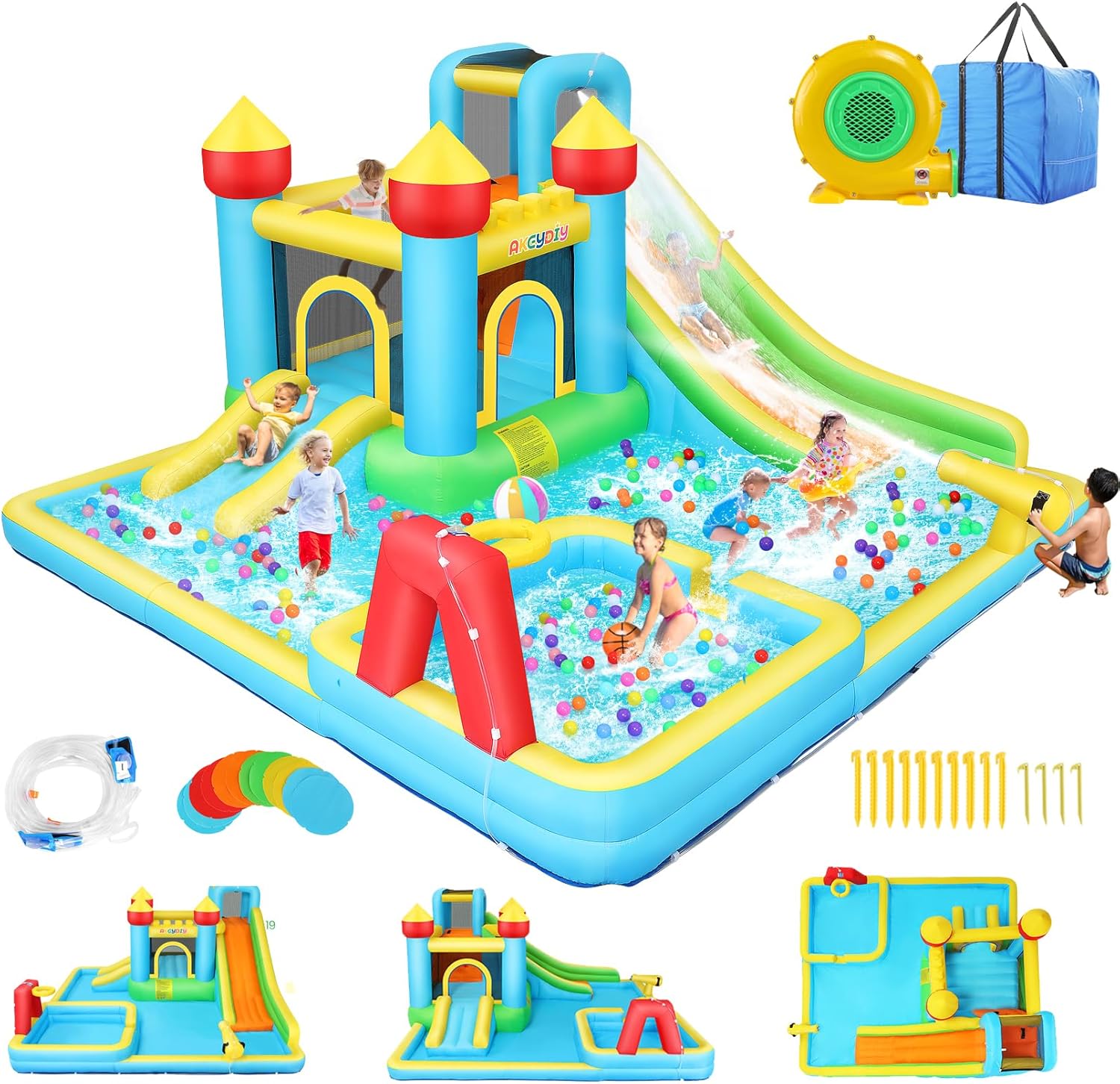AKEYDIY Inflatable Bounce House Water Slide, Water Park for Kids with Splashing Pool, Jump Area, 2 Waterslide, Water Gun, Top Sprinkler & More - Bouncy House with 550W Blower Outdoor Backyard (Castle)