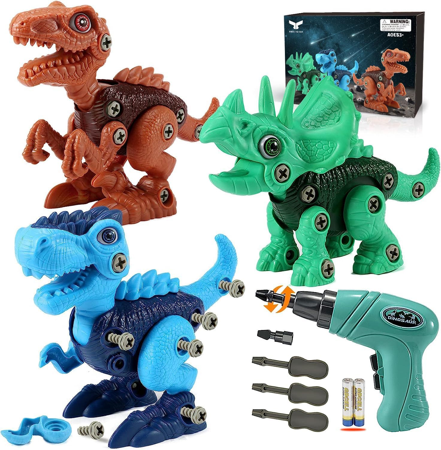 FREE TO FLY Dinosaur STEM Toys for Kids 3-5, Take Apart Dinosaur Toys with Electric Drill, Educational Building Toy & Construction Set, DIY Birthday Gifts for 3 4 5 6 7 8 Years Old Boys and Girls