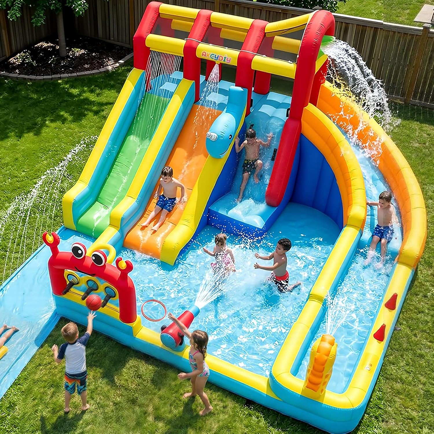 Whubefy 25.6ft Triple Ocean Splash Inflatable Water Slide Park, 16.3ft Detachable PVC Sprinkler Slide wth Bodyboards, Dump Bucket, Crab Ring Toss & Target Toss Station, Deep Pool for Kids Backyard Fun
