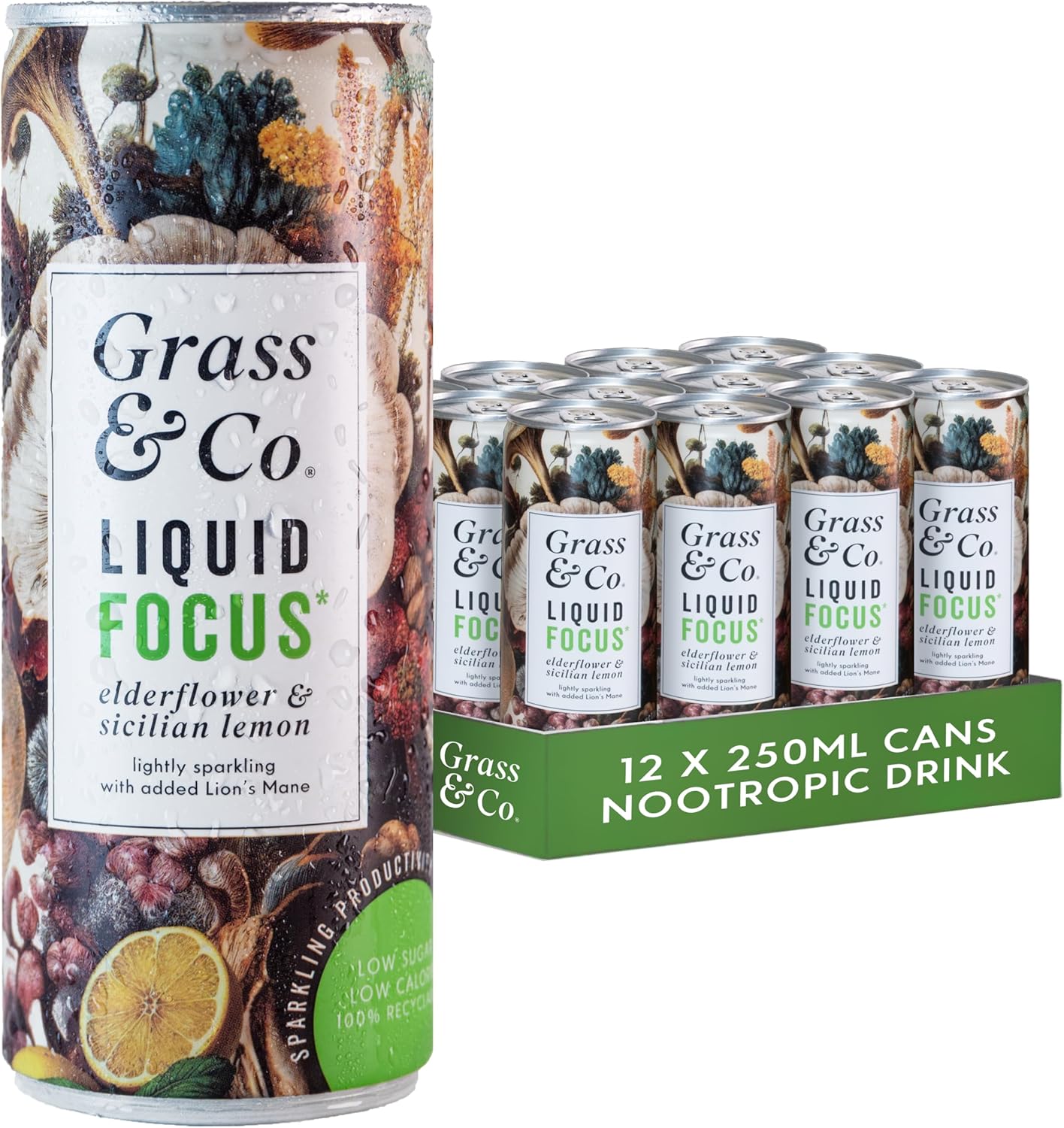 Grass & Co. Nootropics Drinks with Lion's Mane (1000mg), Omega-3, Ginseng, Vitamin B12 & More | Liquid Focus | Elderflower & Sicilian Lemon | Lightly Sparkling | Vegan | 12 x 250ml Cans