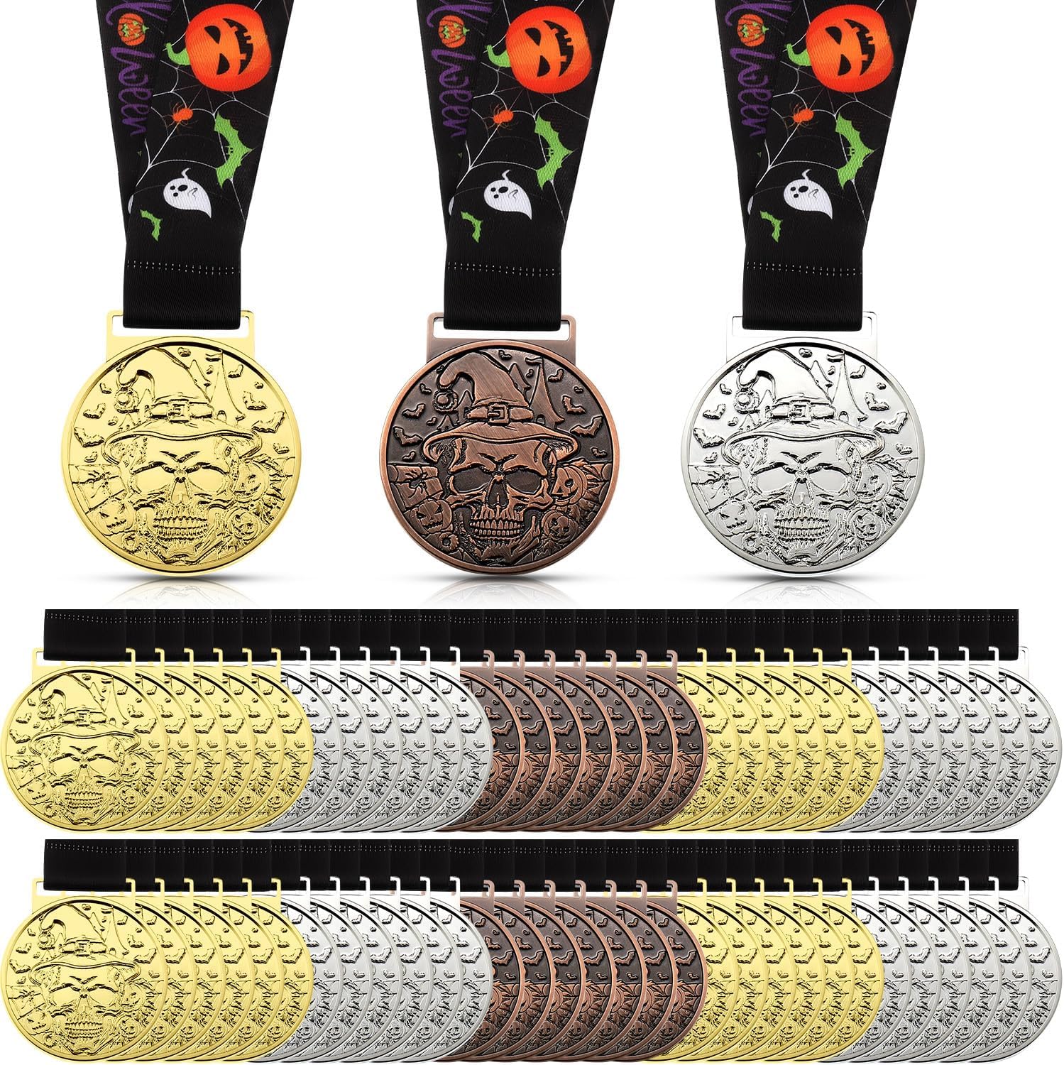 30 Pcs Halloween Medals Awards 2″ Skeleton Trophy Medals Bulk with Neck Ribbon Golden Best Costume Trophy Award for Halloween Party Prizes Skeleton Costume Contest