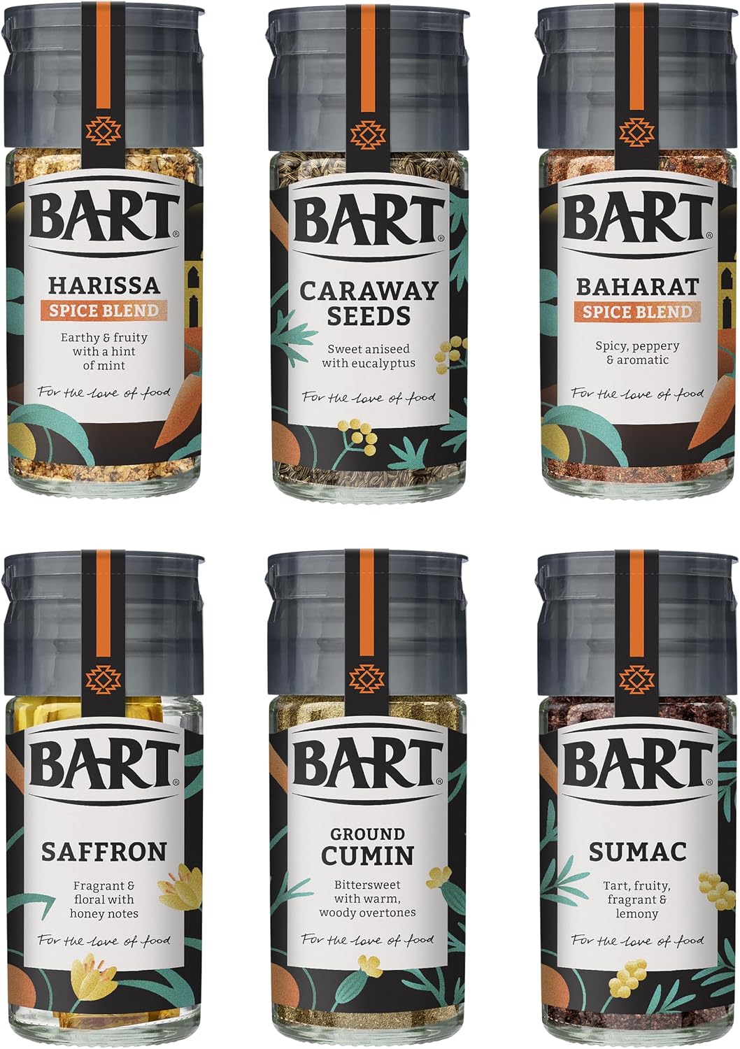 BART Middle Eastern Spice Collection - Sumac, Caraway Seeds, Saffron, Baharat Spice Blend, Harissa Spice Blend, Ground Cumin - Ideal for Middle Eastern Cooking (6 Jar Bulk Buy Set)