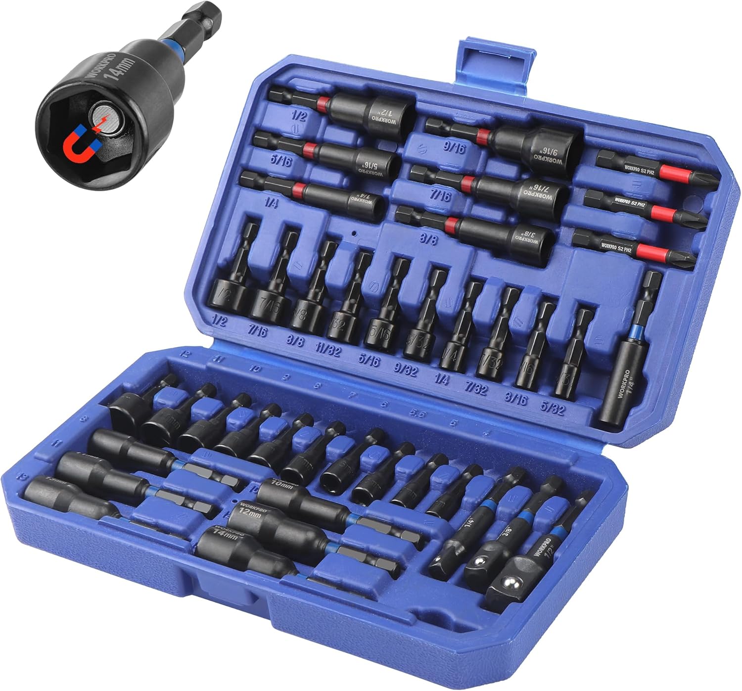 WORKPRO 39-Piece Magnetic Nut Driver Set, Impact Drill Driver Bit 1/4" Hex Shank, SAE & Metric Cr-V Steel Power Nut Drivers with Impact Socket Adapters, Screwdriver Bits, Bit Holder, Sturdy Tool Box