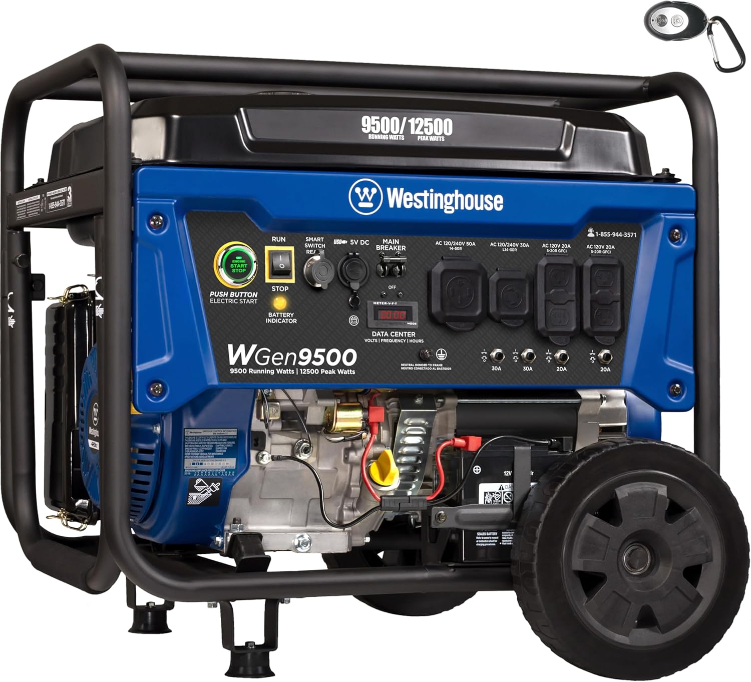 Westinghouse Outdoor Power Equipment 12500 Peak Watt Home Backup Portable Generator, Remote Electric Start with Auto Choke, Transfer Switch Ready 30A & 50A Outlets, Gas Powered