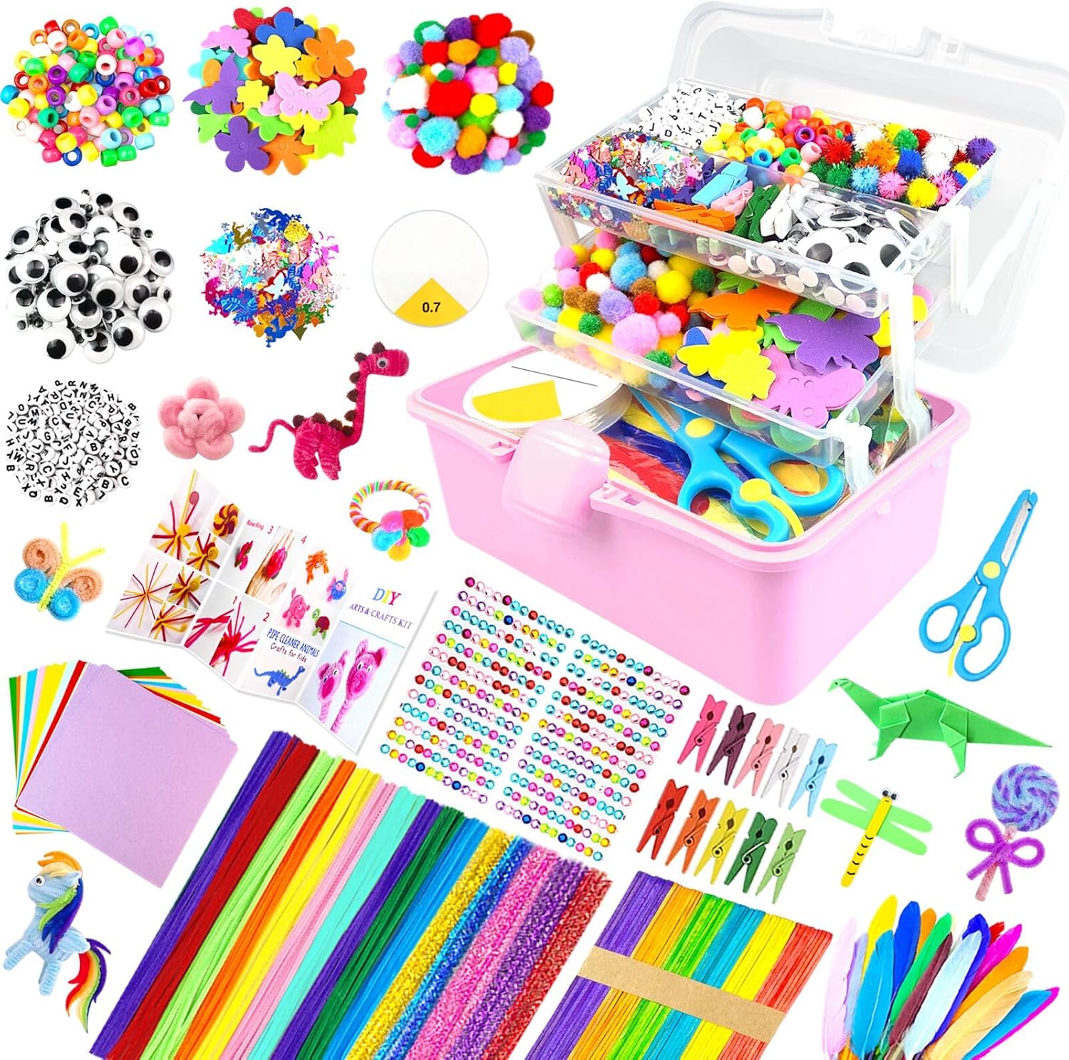 3000Pcs Craft Kits for Kids All in 1 Arts and Crafts Supplies for Kids 3-layered Craft Box with Pipe Cleaners DIY Crafting Homeschool Supply Toys Gifts for Girls & Boys Ages 4 5 6 7 8 9 10 11 12