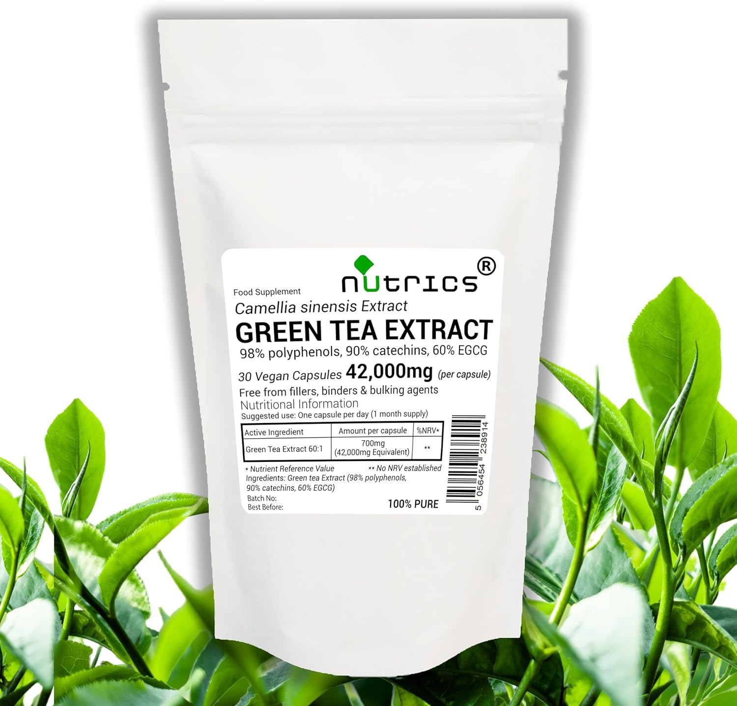 42,000mg (per Capsule) Green Tea Extract 98% Polyphenols 90% catechins 60% EGCG 30 Vegan Capsules (1 Month Supply) 100% Pure