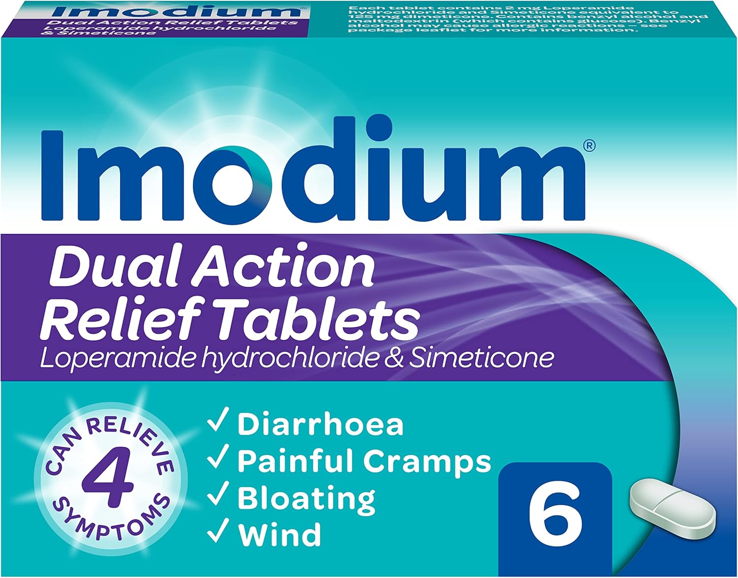 Imodium Dual Action, Relief from Diarrhoea Plus Painful Cramping Bloating Wind, Blue, 6 Tablets (Pack of 1)