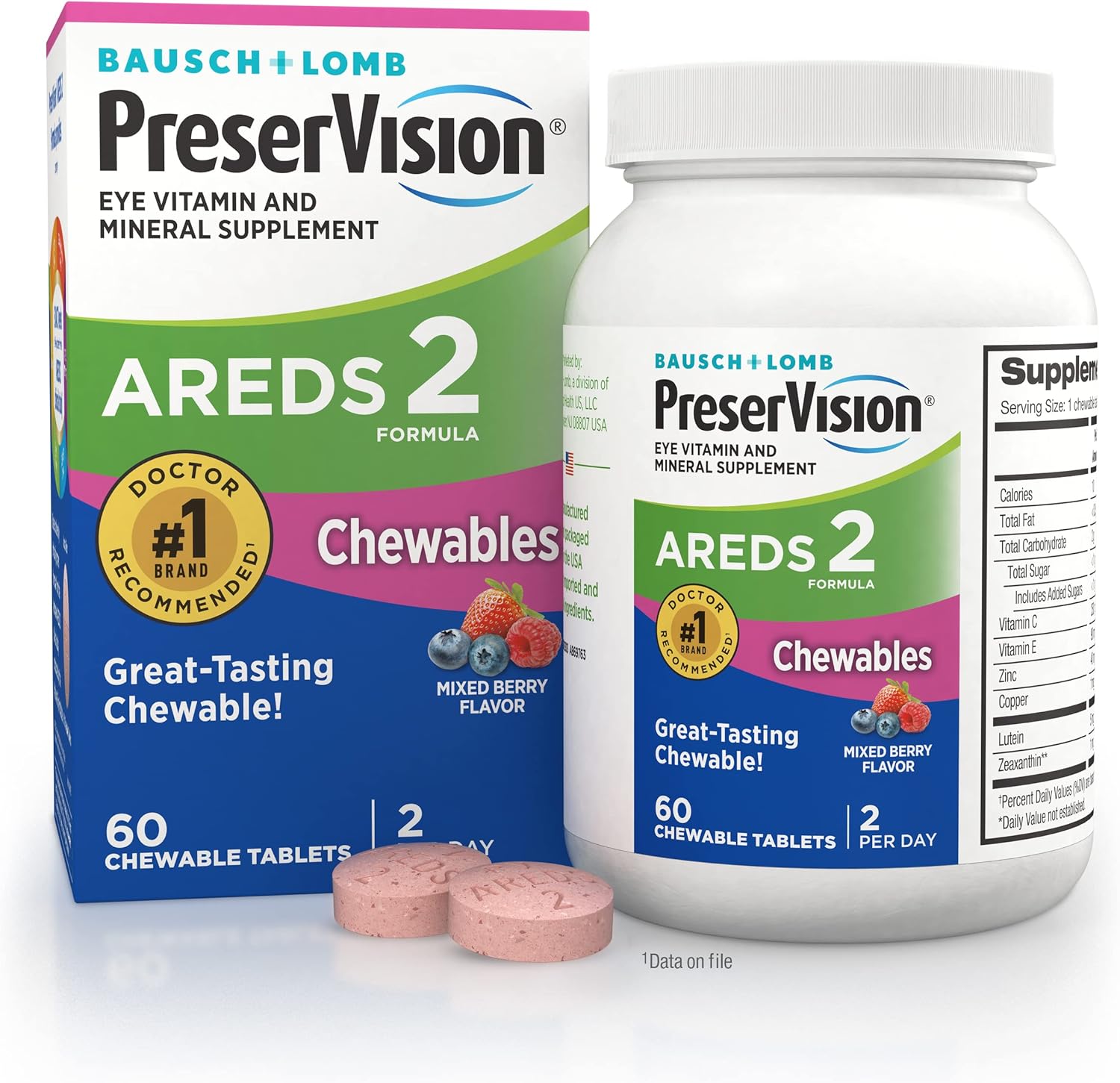 PreserVision AREDS 2 Eye Vitamins, #1 Eye Doctor Recommended Brand, Chewable Lutein and Zeaxanthin Supplement with Vitamin C, Vitamin E,Zinc, and Copper, Mixed Berry, 60 Tablets