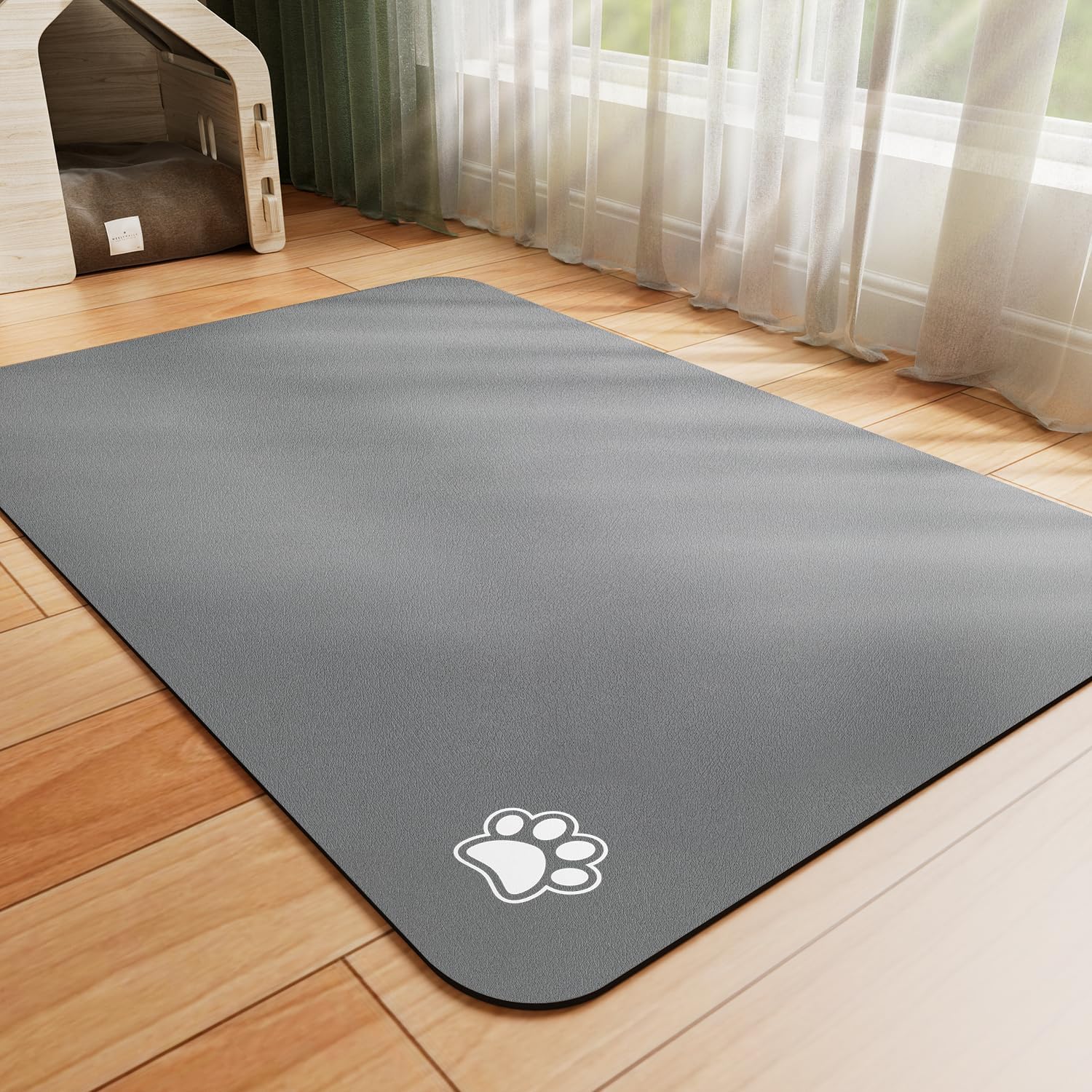 Pet Feeding Mat - Absorbent Dog Mat for Food and Water, No Stains Cat Bowl Mat, Easy to Clean Pet Placemats, Quick Dry Dog Water Dispenser Mat for Messy Drinkers | Paw Dark Grey 12"x 19"