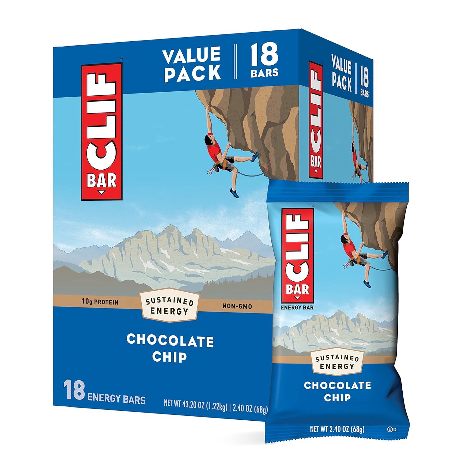 CLIF BARS - Energy Bars - Chocolate Chip - Made with Organic Oats - Plant Based Food - Vegetarian - Kosher (2.4 Ounce Protein Bars, 18 Count) - Pack of 4