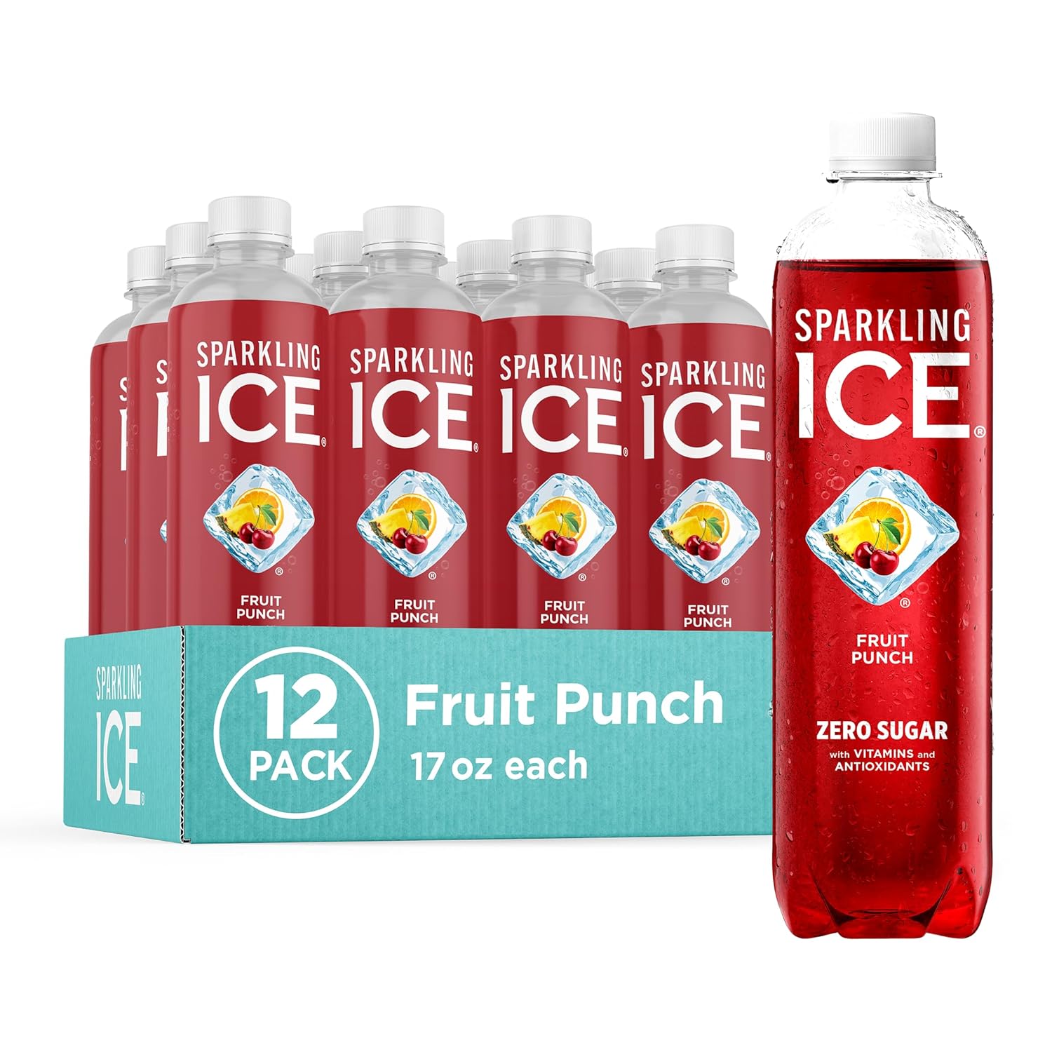 Sparkling Ice, Fruit Punch Sparkling Water, Zero Sugar Flavored Water, with Vitamins and Antioxidants, Low Calorie Beverage, 17 fl oz Bottles (Pack of 12)