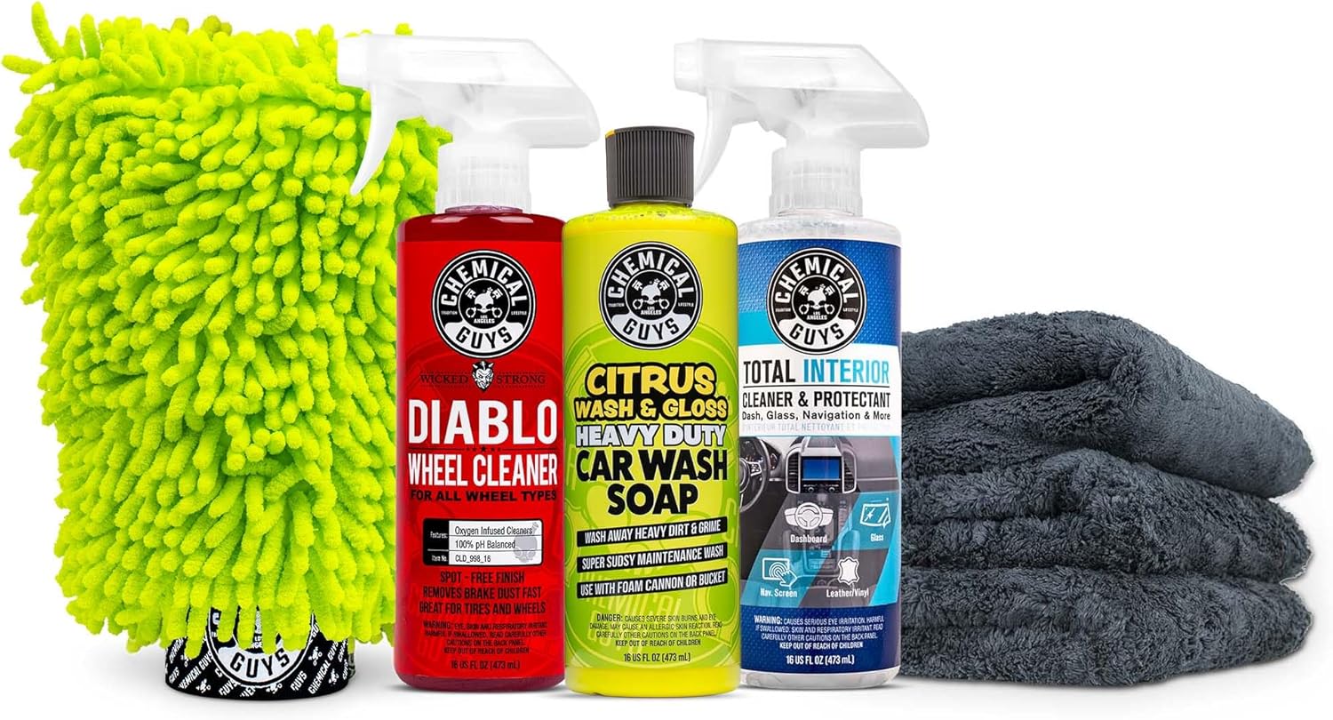 Chemical Guys HOL357 Clean & Shine Car Wash Starter Kit - Safe for Cars, Trucks, Motorcycles, SUVs, Jeeps, RVs & More (7 Piece Set, Including 3 16 oz. Car Detailing Chemicals)