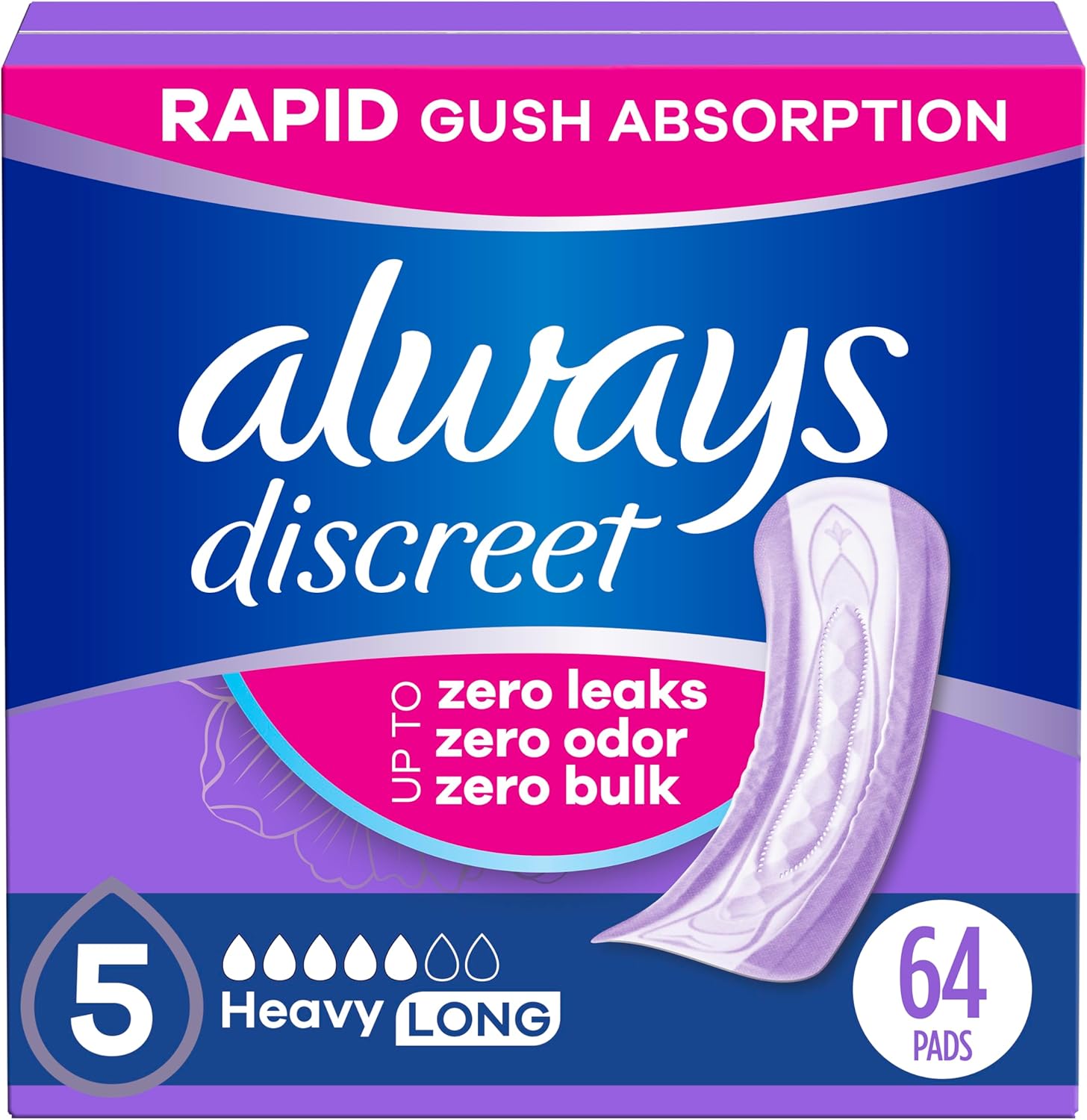 Always Discreet Adult Incontinence Pads for Women, Heavy Absorbency, Long Length, Postpartum Pads, 64 Count (2 Packs of 32)