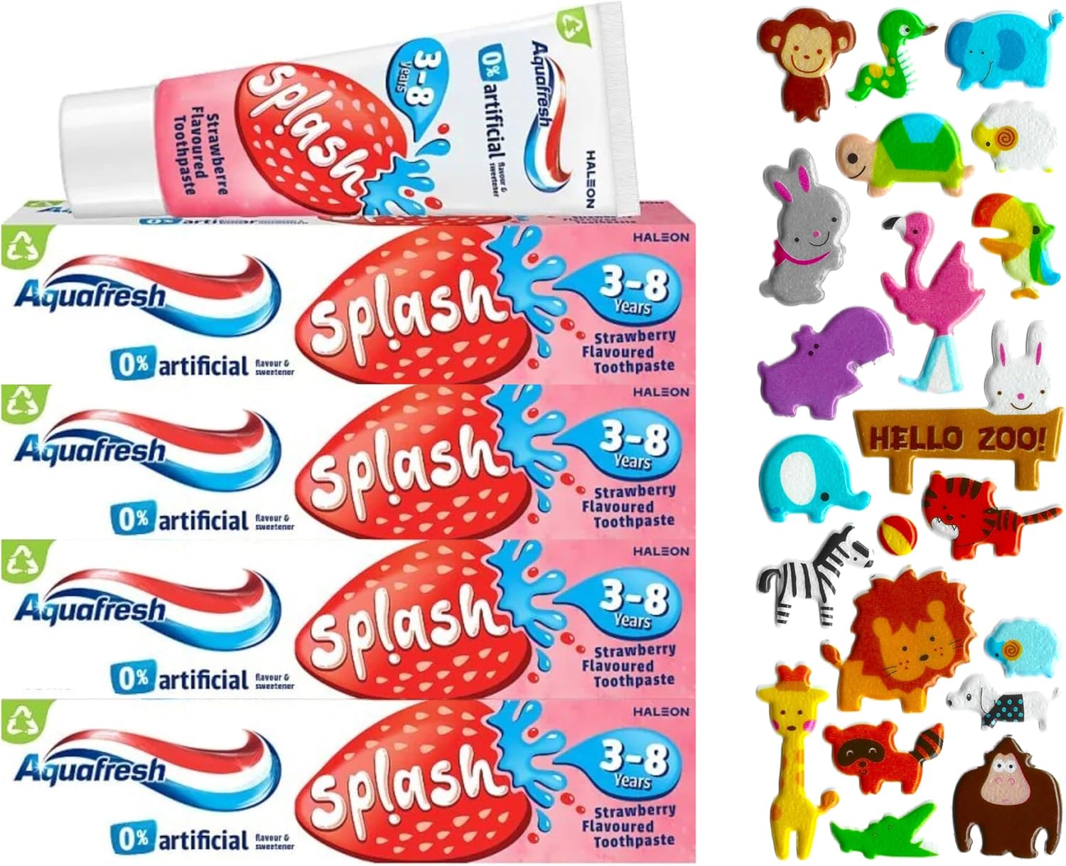 4 Pack Bundle Multipack - Aquafresh Splash Toothpaste 3-8 Years Strawberry 50ml - 4 Pack. A Hadco Bundle with Our Free Puffy Sticker Sheet (Sticker Sheets are Selected at Random) Kids Toothpaste.