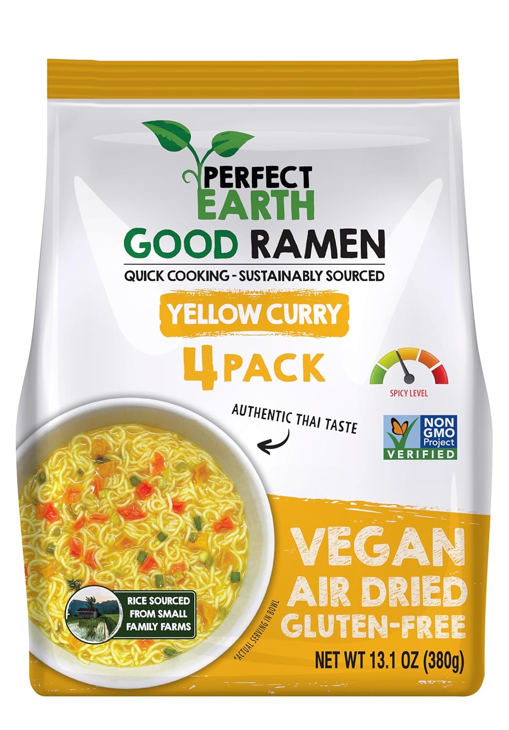 Perfect Earth Good Ramen Yellow Curry Noodles - Authentic Vibrant Thai Flavor, Medium Spice, Organic & Gluten-Free Instant Noodle Ramen Bowl, Pantry Staples Cooked in Just Minutes (4 Pack)