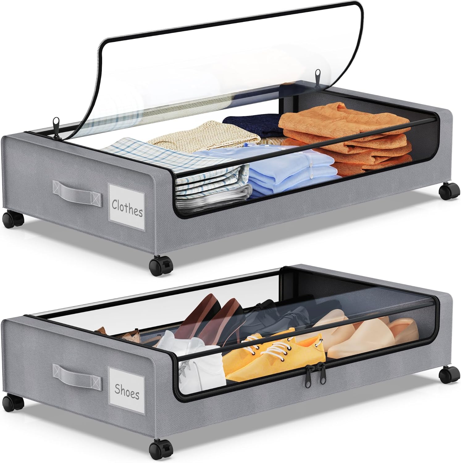 Under Bed Storage with Wheels, 2Pack Under Bed Storage Containers,Under Bed Shoe Storage Organizer with Clear Window&Label,Rolling Under Bed Storage Metal Drawer for Clothes,Shoes,Toys