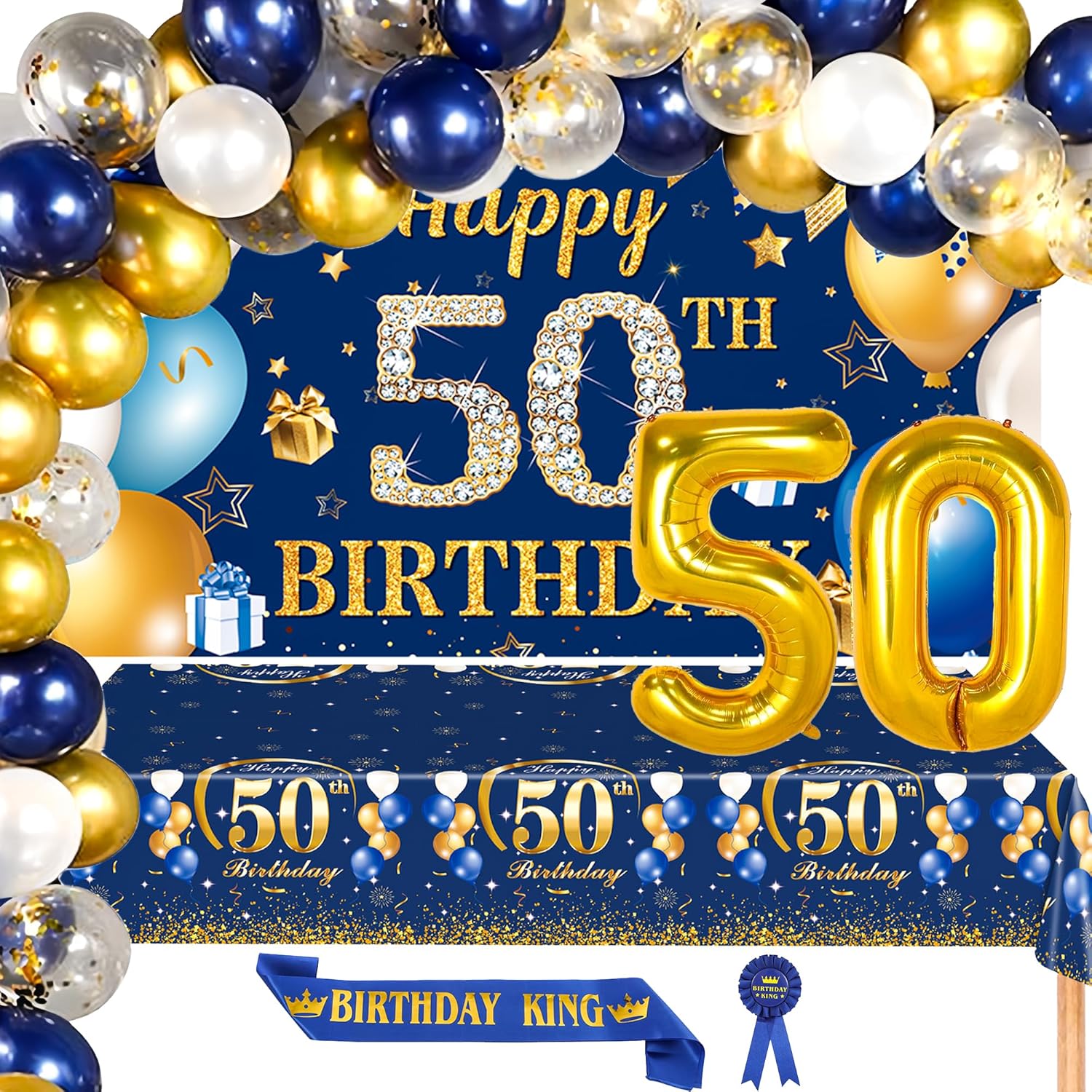50th Birthday Decorations for Men – Blue and Gold Party Supplies with Backdrop, Balloon Arch, Tablecloth, Birthday King Sash, Pin, and Number 50 Foil Balloons for Birthday Party and Celebration