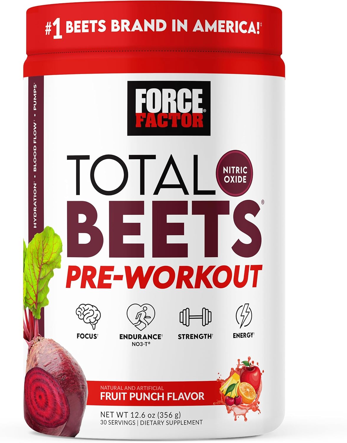 FORCE FACTOR Total Beets Pre-Workout Powder to Boost Energy & Endurance, Increase Strength, and Improve Blood Flow and Pumps, Nitric Oxide Supplement with Beet Root Powder, Fruit Punch, 30 Servings