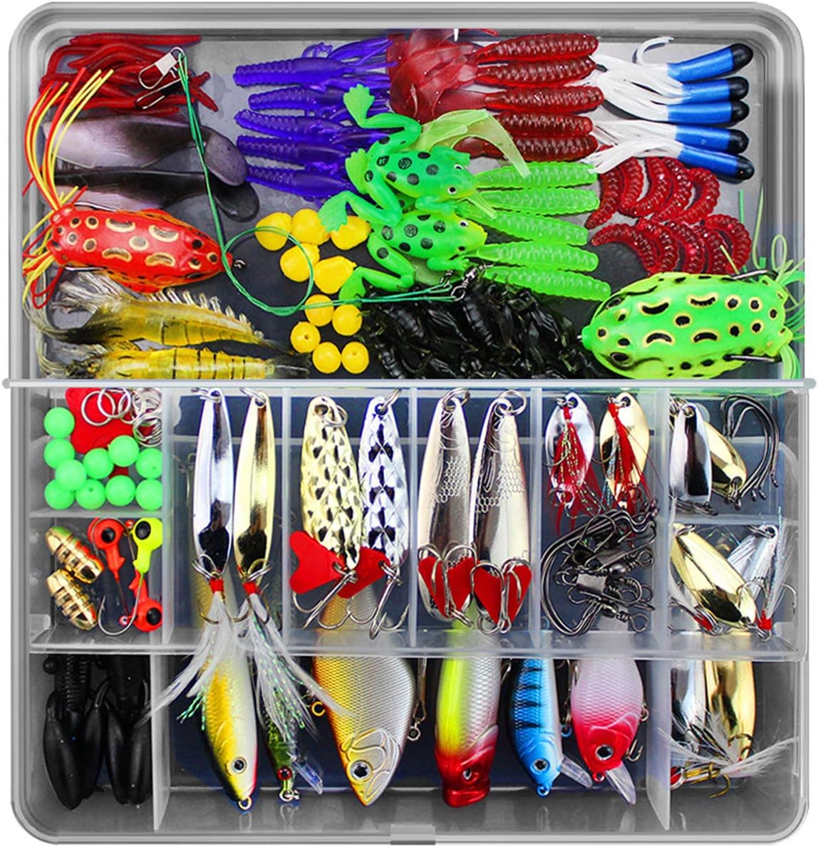 RoseFlower 141 Pieces Fishing Lure Kits Mixed Universal Artificial Soft Bait Sets Including Spinning Lures, Plastic Worms, Frogs, Single Hooks, Tackle Box - Freshwater Saltwater Fishing Equipment