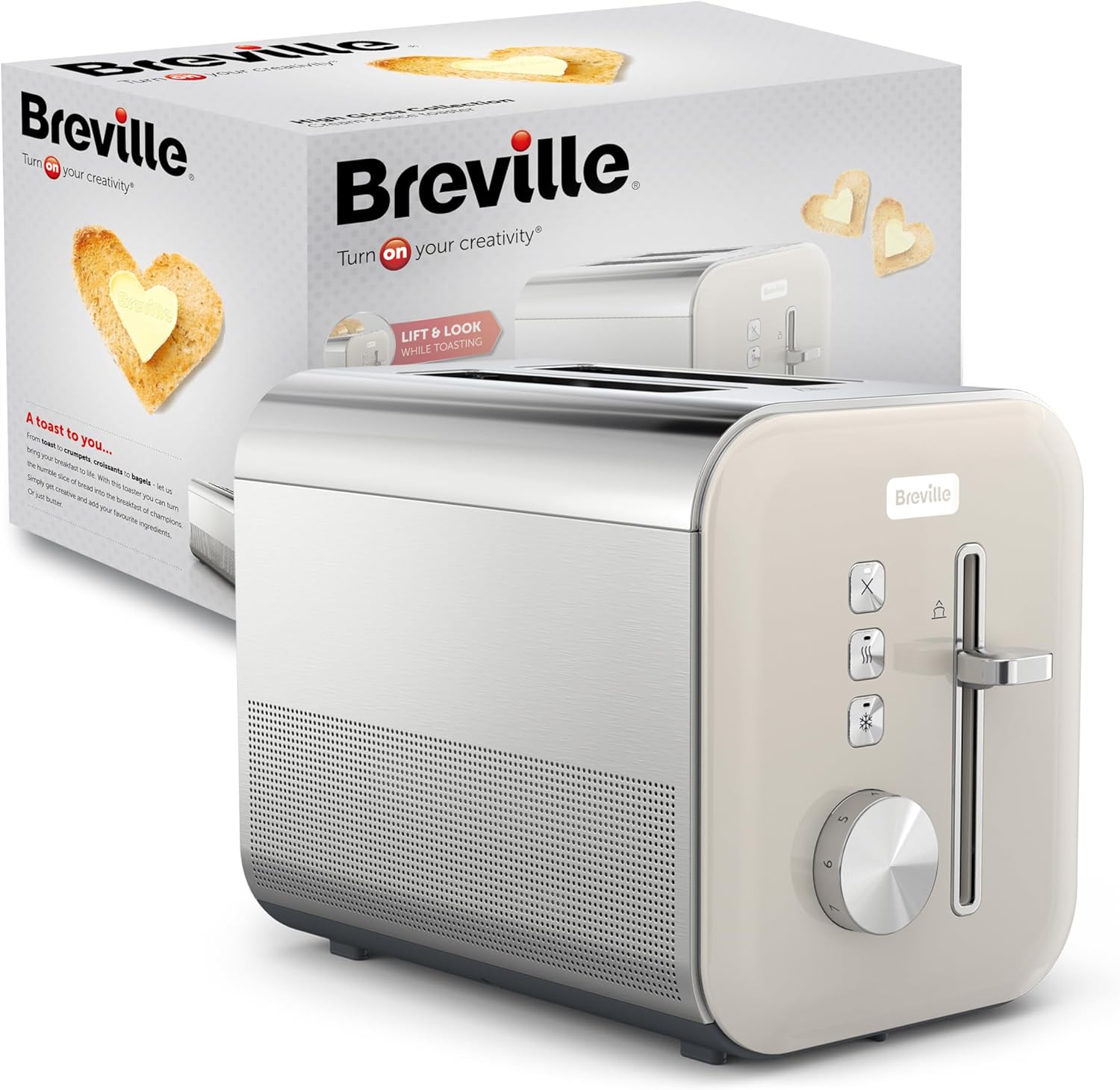 Breville High Gloss 2 Slice Toaster with High-Lift & Wide Slots | Cream & Stainless Steel [VTT967]