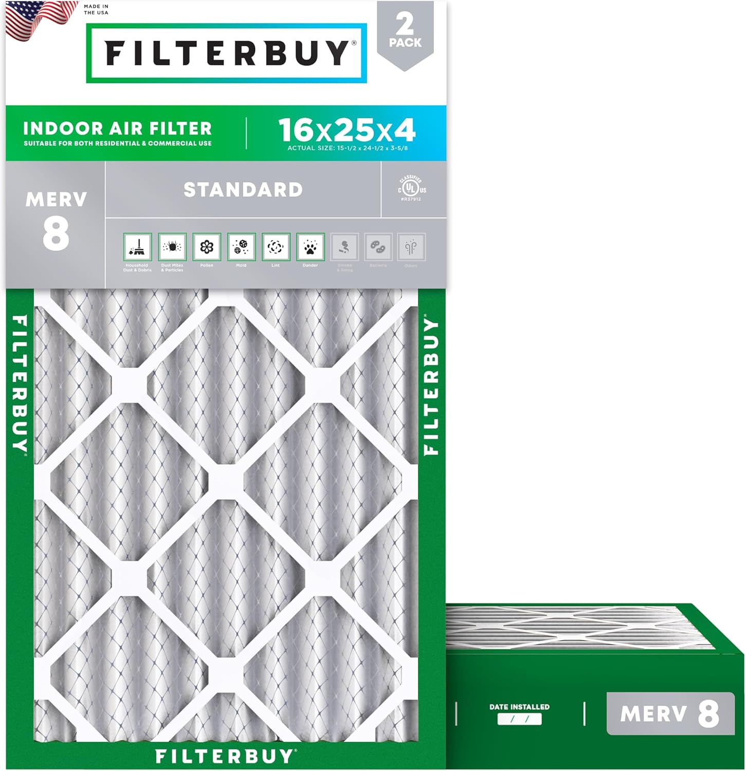 Filterbuy 16x25x4 Air Filter MERV 8 Dust Defense (2-Pack), Pleated HVAC AC Furnace Air Filters Replacement (Actual Size: 15.50 x 24.50 x 3.63 Inches)