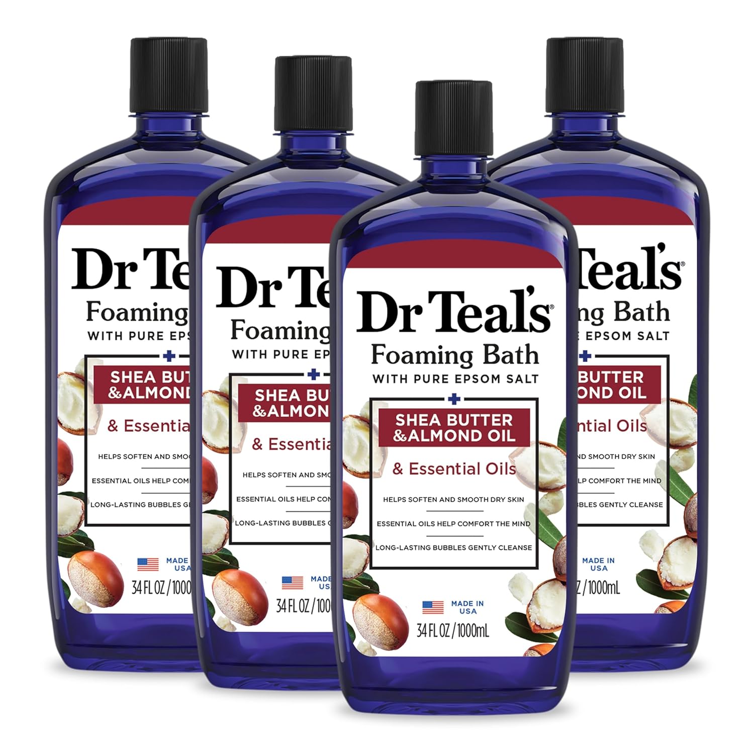 Dr Teal's Foaming Bath with Pure Epsom Salt, Shea Butter & Almond, 34 fl oz (Pack of 4)