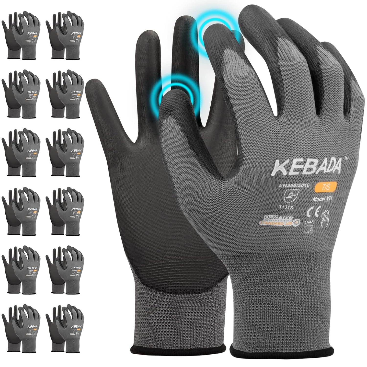 Kebada W1 Work Gloves for Men and Women, PU Coated Safety Gloves with Grip, Touchscreen, Ideal for Warehouse Package Handling, Construction, Gardening, Gray Large