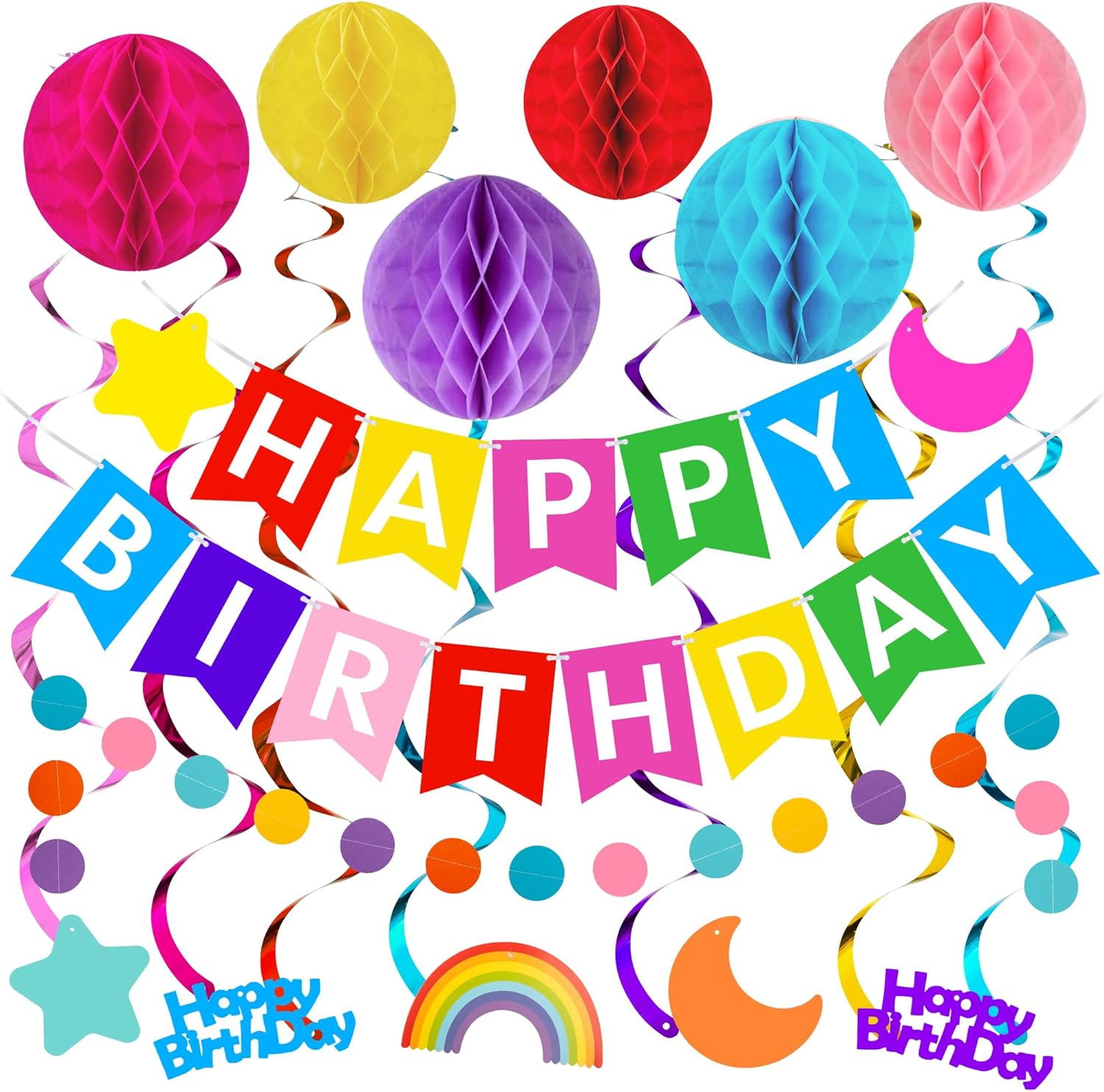 Birthday Decorations, Happy Birthday Banner with Honeycomb Balls, Swirls Set Happy Decorations Sign for Men Women Boys Girls Party Supplies Kit for Indoor Outdoor