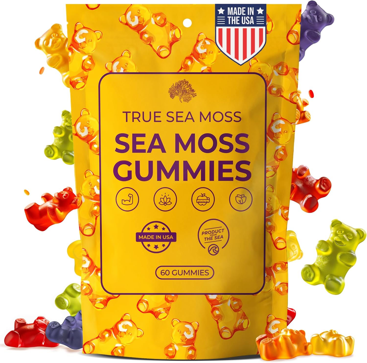 Sea Moss Gummies with Bladderwrack, Burdock Root & Magnesium – Vegan Supplement for Adults & Kids – Plant-Based, Fruity Flavor – 60 Gummies, Made in USA