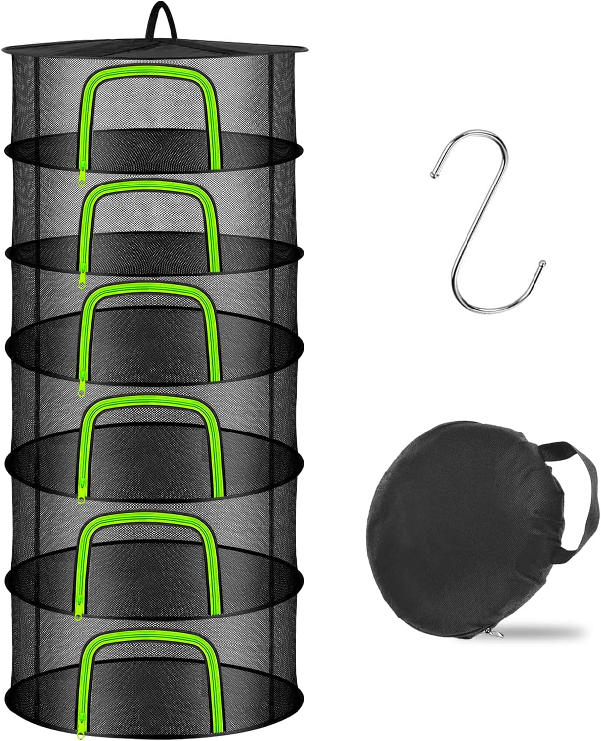 Coopache 6 Layer Herb Drying Rack Hanging Mesh Plant Dry Net Basket for Herbs Plants Flower Vegetables Spices Fish Food with Green Zippers