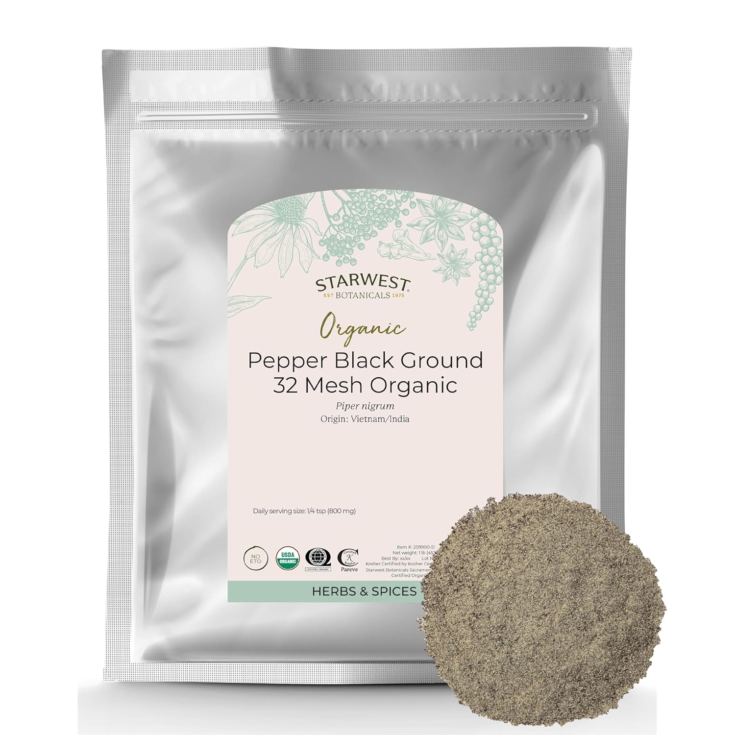 Starwest Botanicals Organic Medium Grind Black Pepper - Ground Black Peppercorns for Shaker Refills, Sourced from India & Vietnam, Certified Kosher, Non-GMO - Bulk 1 lb Bag