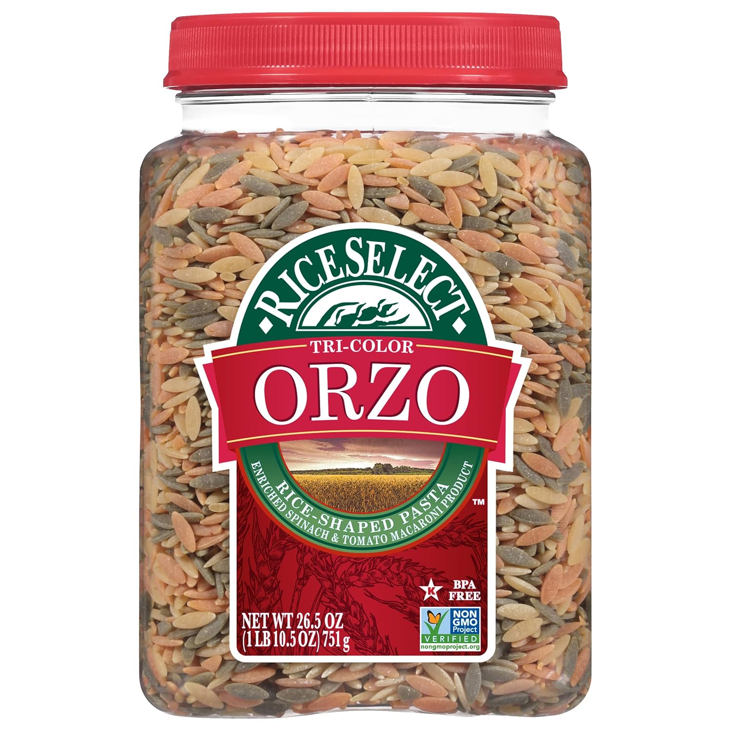 RiceSelect Tri-Color Orzo Rice-Shaped Pasta, Premium Spinach- and Tomato-Flavored Non-GMO Orzo Pasta, 26.5-Ounce Jar