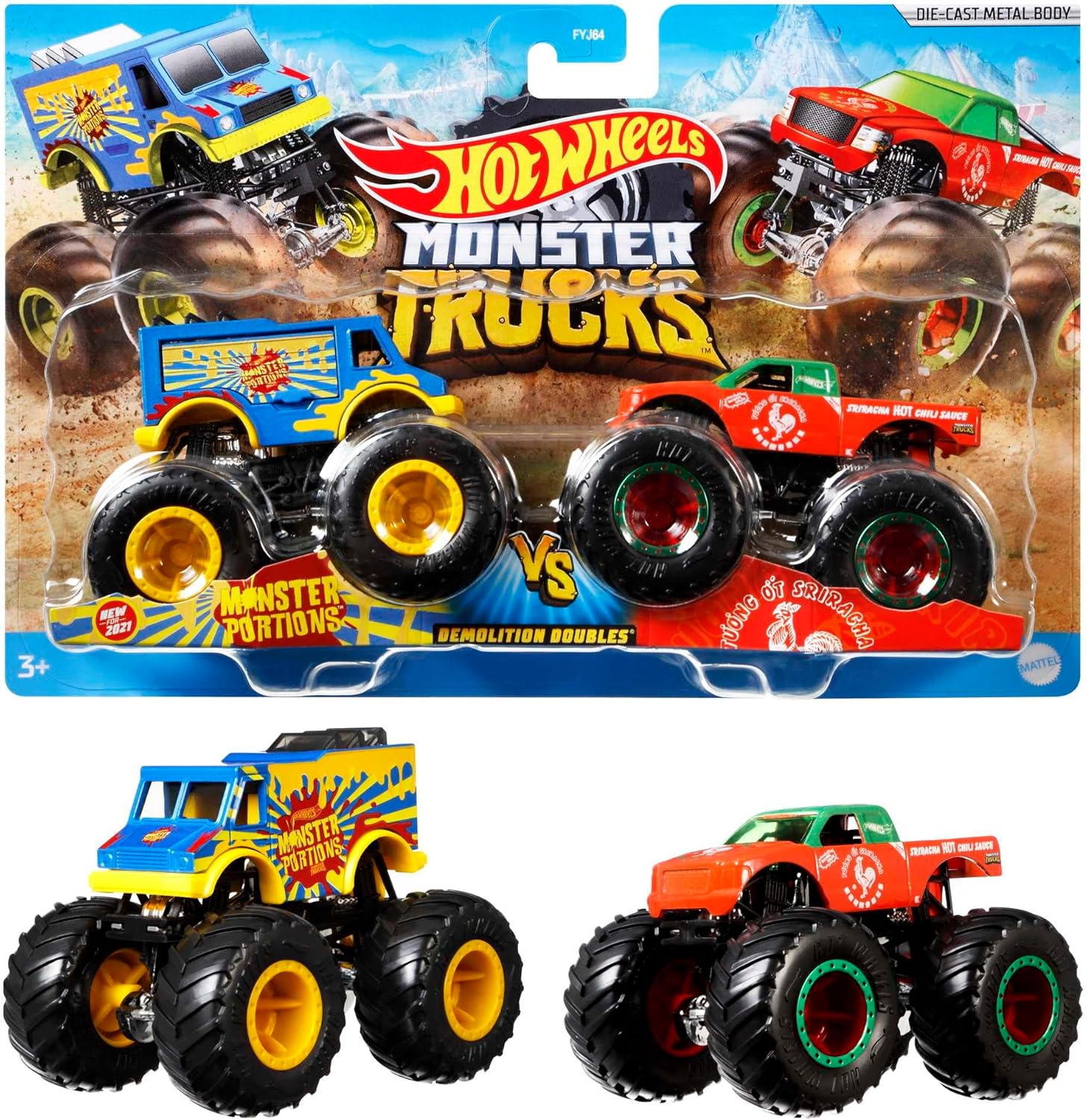 Hot Wheels Monster Trucks 2-Pack, Demolition Doubles Set of 2 Toy Vehicles in 1:64 Scale, For Kids & Collectors (Styles May Vary), FYJ64